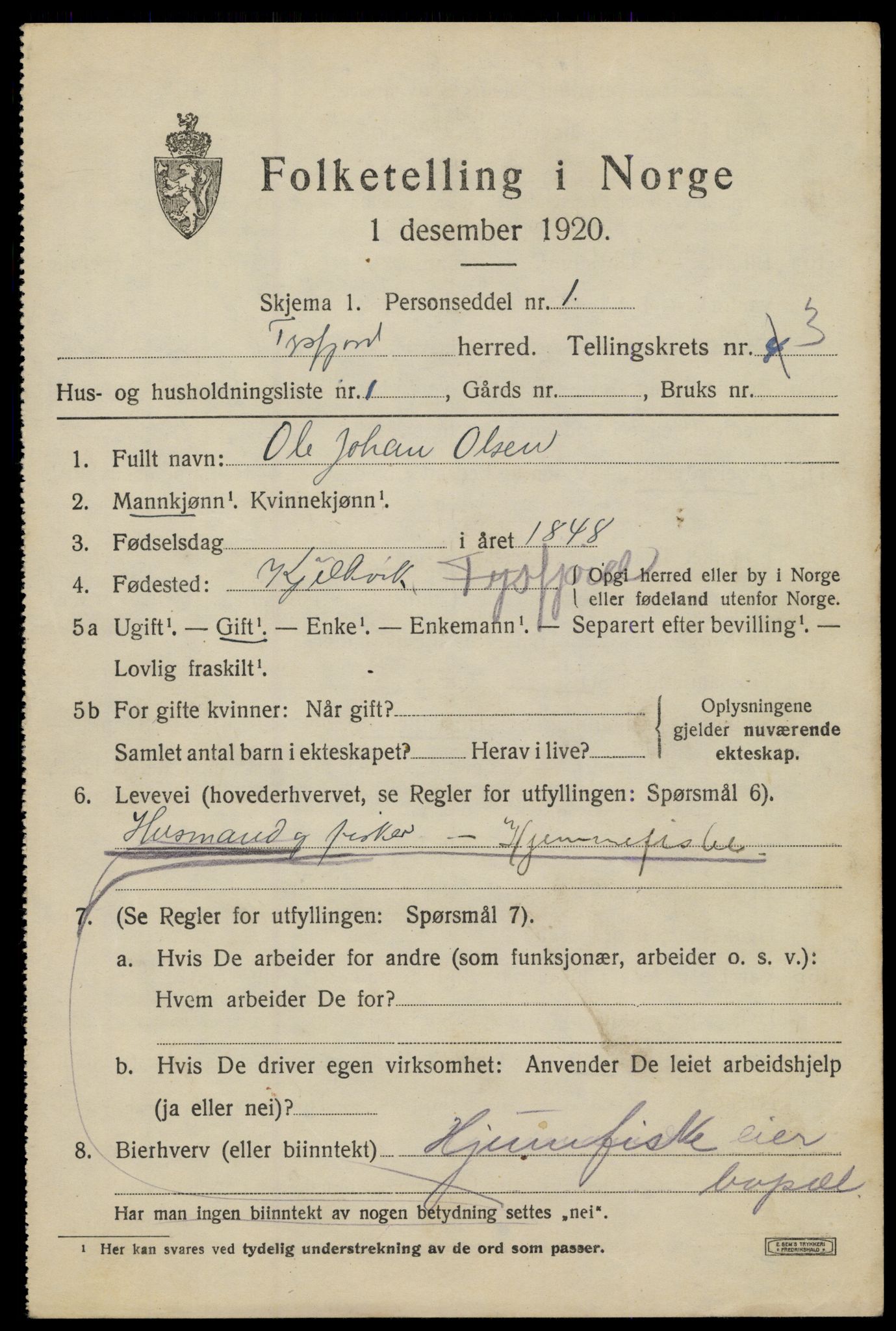 SAT, 1920 census for Tysfjord, 1920, p. 2249