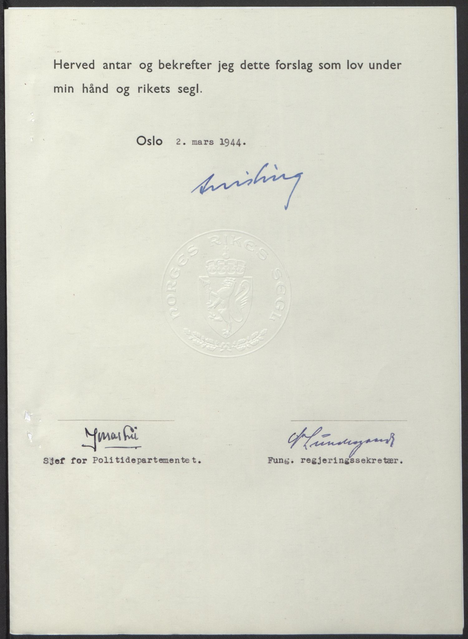 NS-administrasjonen 1940-1945 (Statsrådsekretariatet, de kommisariske statsråder mm), AV/RA-S-4279/D/Db/L0100: Lover, 1944, p. 99