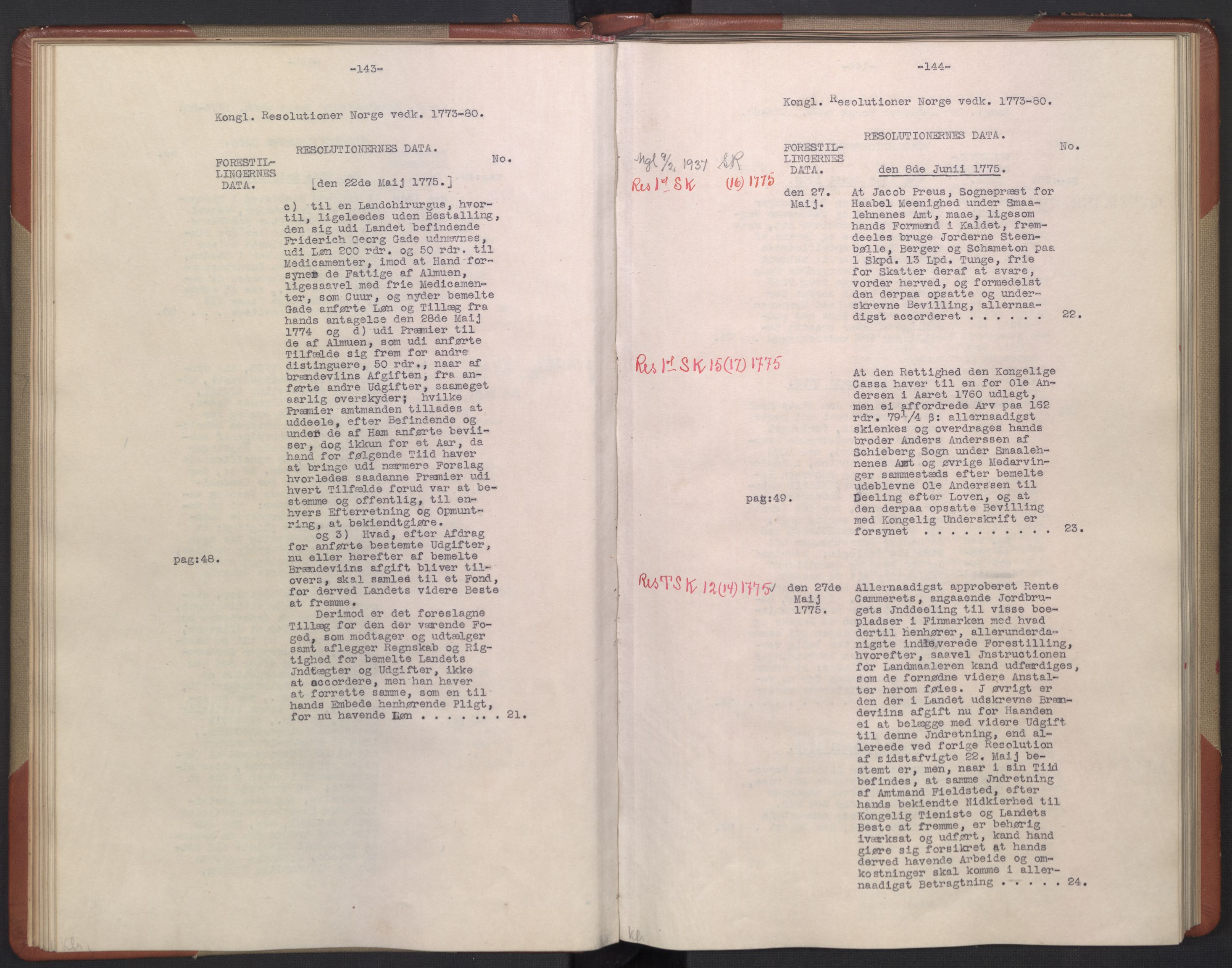 Avskriftsamlingen, AV/RA-EA-4022/F/Fb/L0122: Registratur over norske Relasjons- og resolusjonsprotokoller, 1773-1780, p. 30