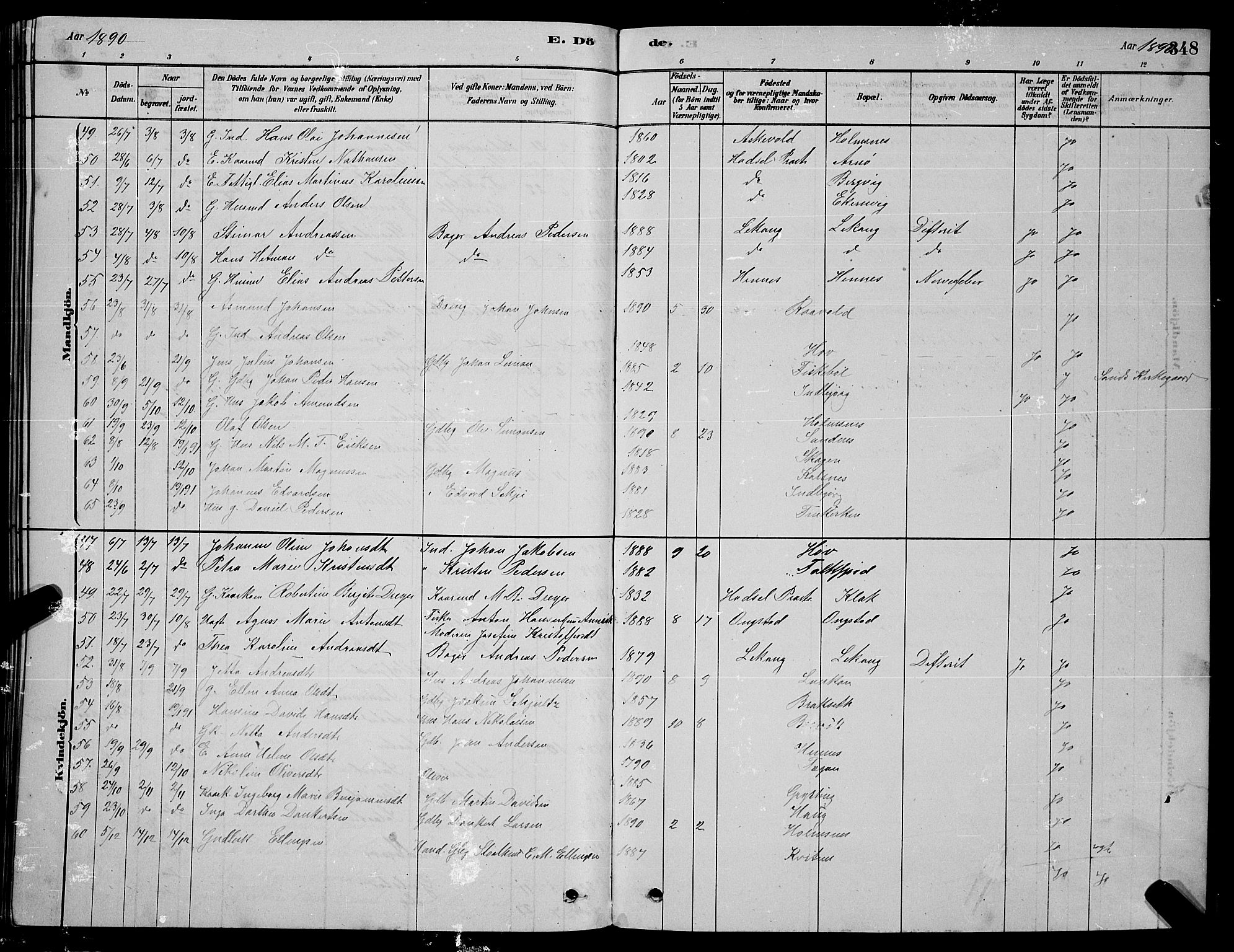 Ministerialprotokoller, klokkerbøker og fødselsregistre - Nordland, AV/SAT-A-1459/888/L1267: Parish register (copy) no. 888C05, 1878-1890, p. 348