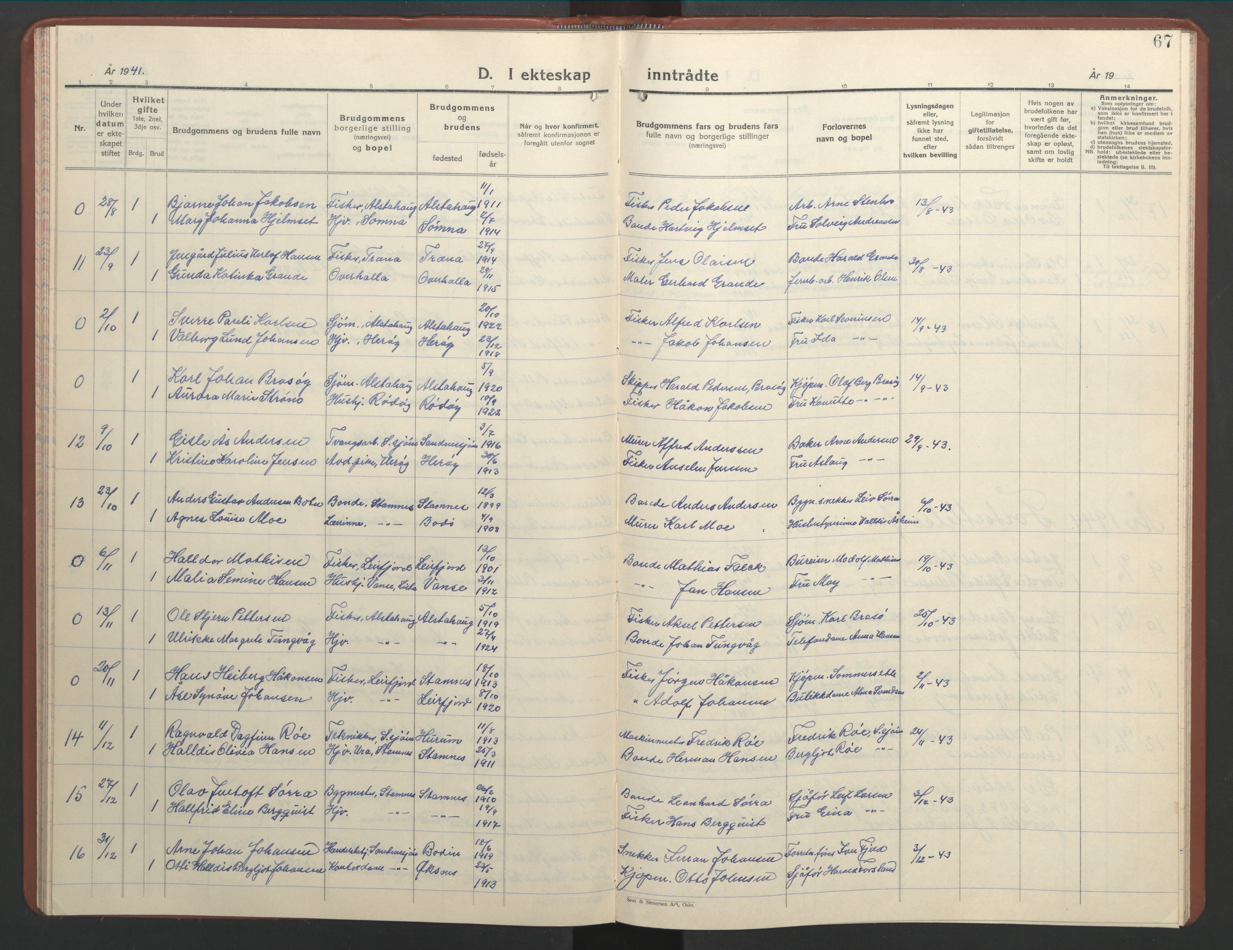 Ministerialprotokoller, klokkerbøker og fødselsregistre - Nordland, AV/SAT-A-1459/831/L0481: Parish register (copy) no. 831C08, 1935-1948, p. 67