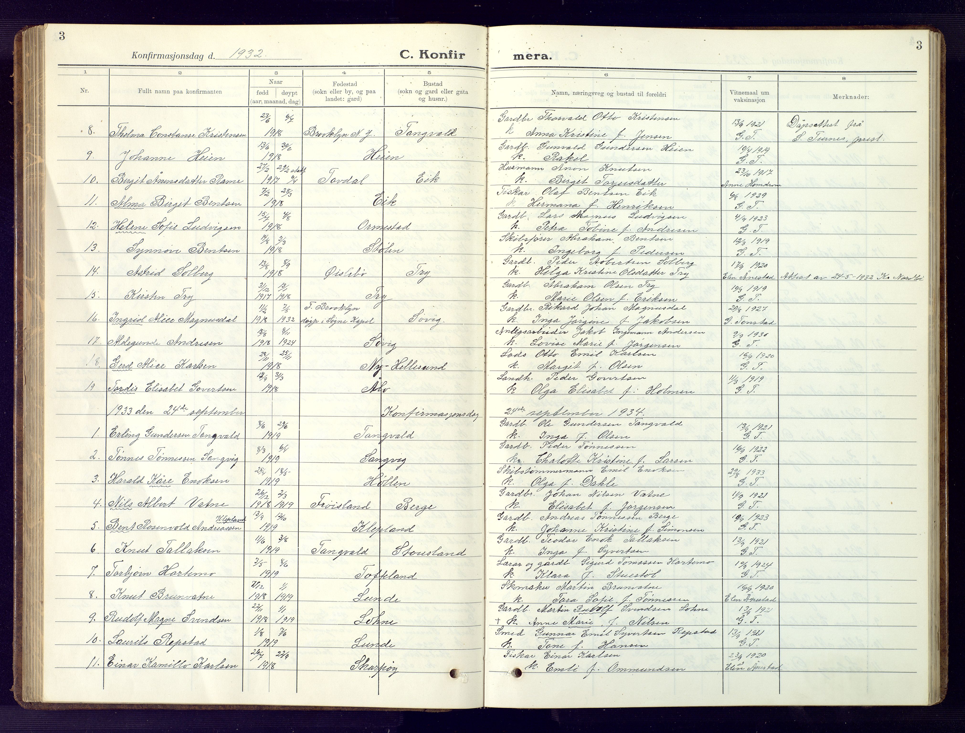 Søgne sokneprestkontor, SAK/1111-0037/F/Fb/Fbb/L0008: Parish register (copy) no. B 8, 1932-1949, p. 3