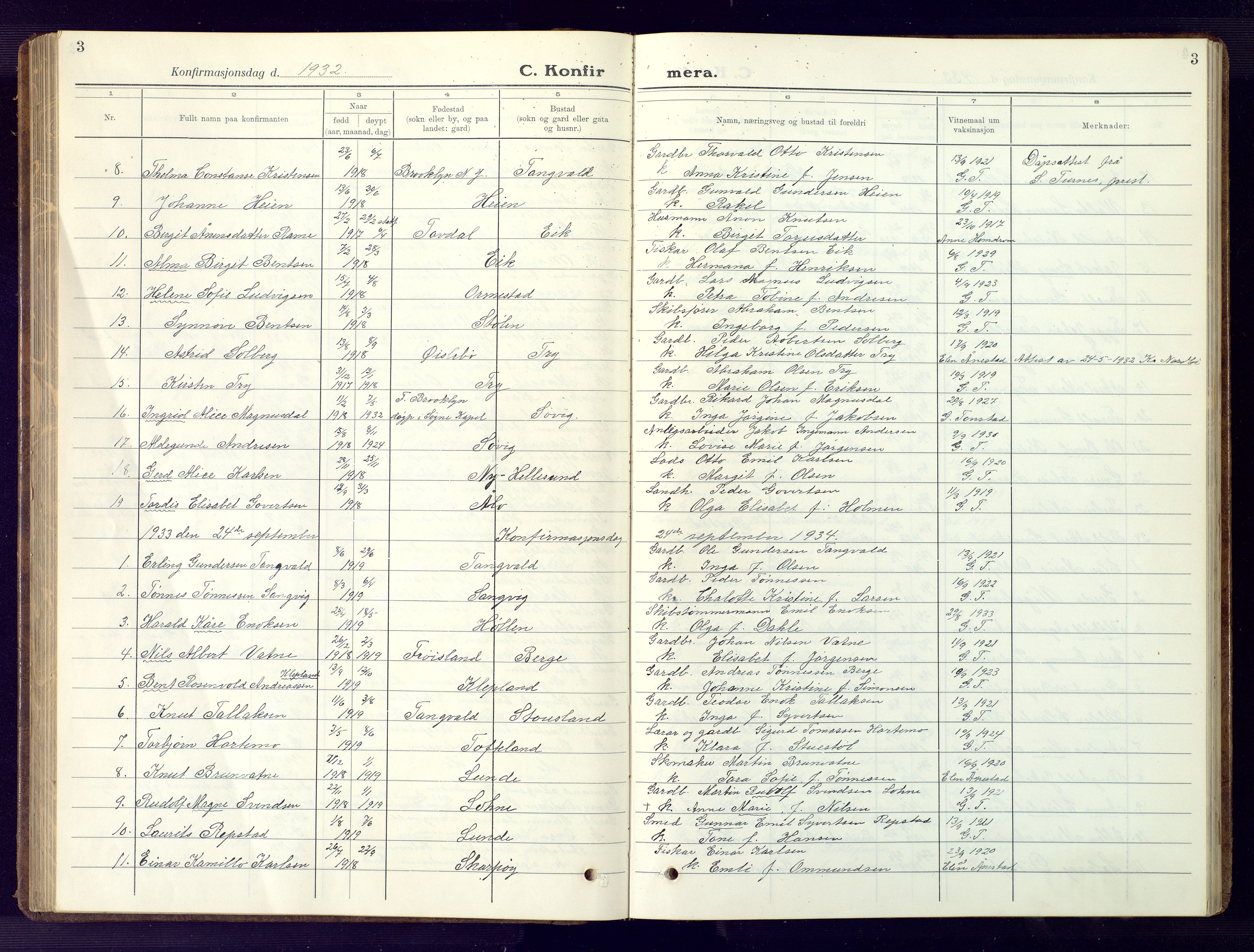Søgne sokneprestkontor, AV/SAK-1111-0037/F/Fb/Fbb/L0008: Parish register (copy) no. B 8, 1932-1949, p. 3