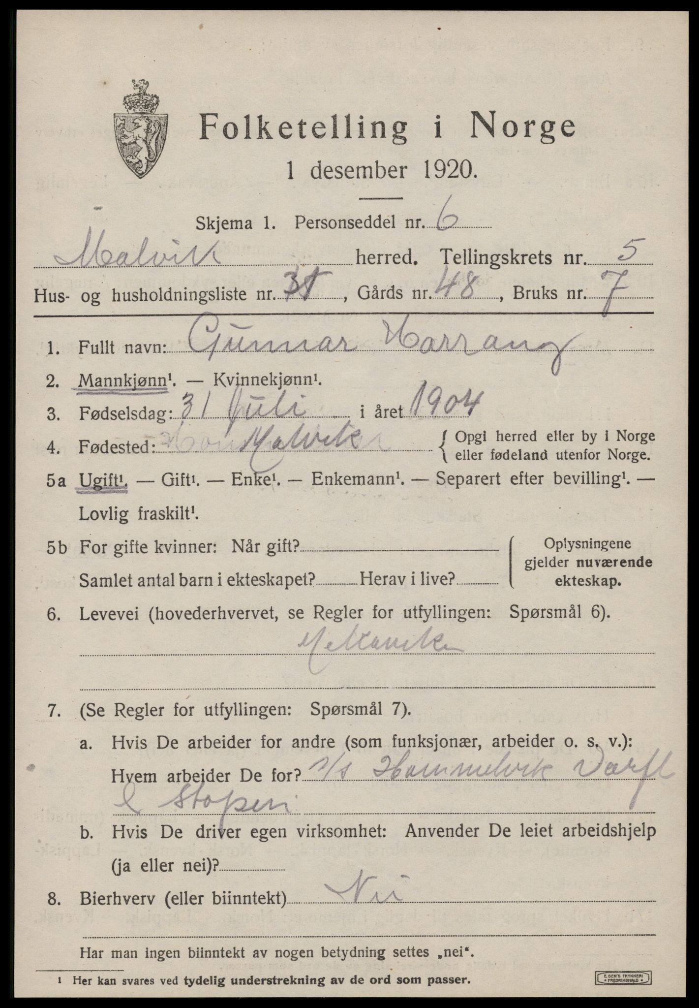 SAT, 1920 census for Malvik, 1920, p. 3598