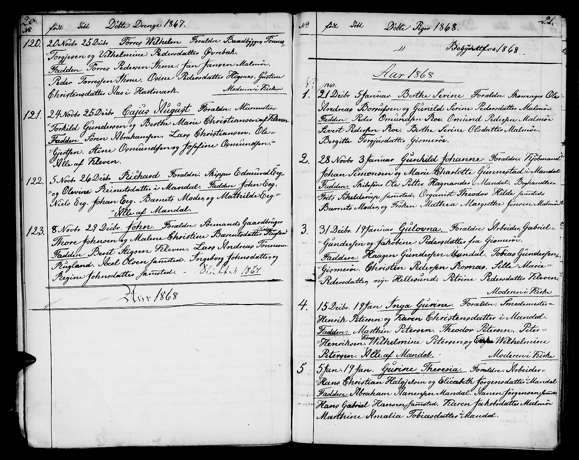 Mandal sokneprestkontor, SAK/1111-0030/F/Fb/Fba/L0009: Parish register (copy) no. B 3, 1867-1877, p. 20-21
