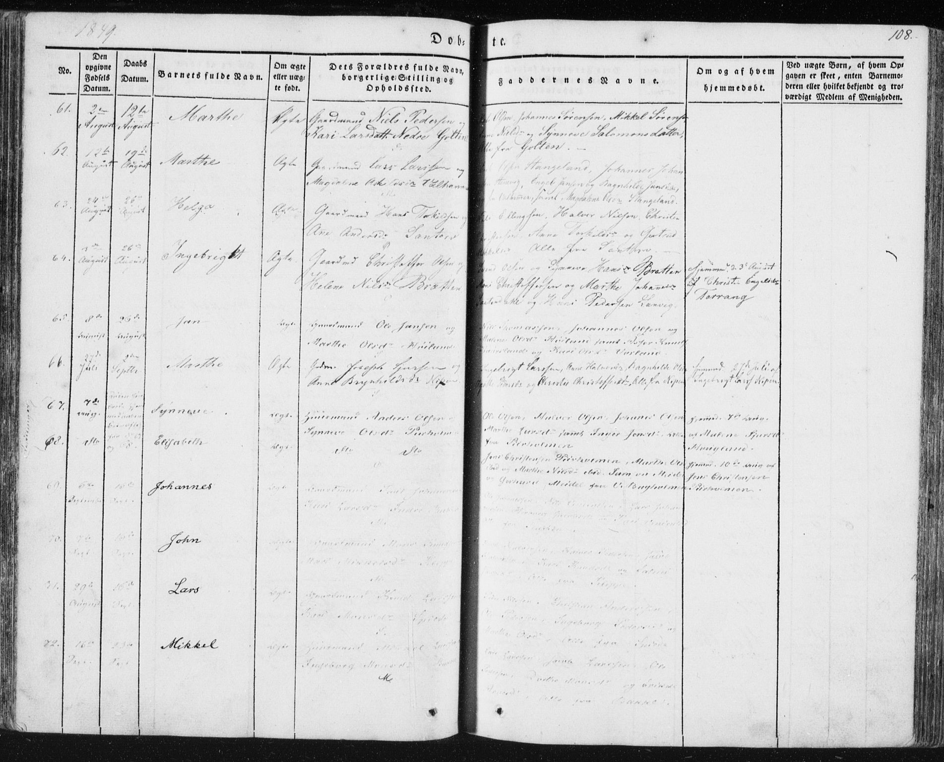 Sund sokneprestembete, AV/SAB-A-99930: Parish register (official) no. A 13, 1835-1849, p. 108