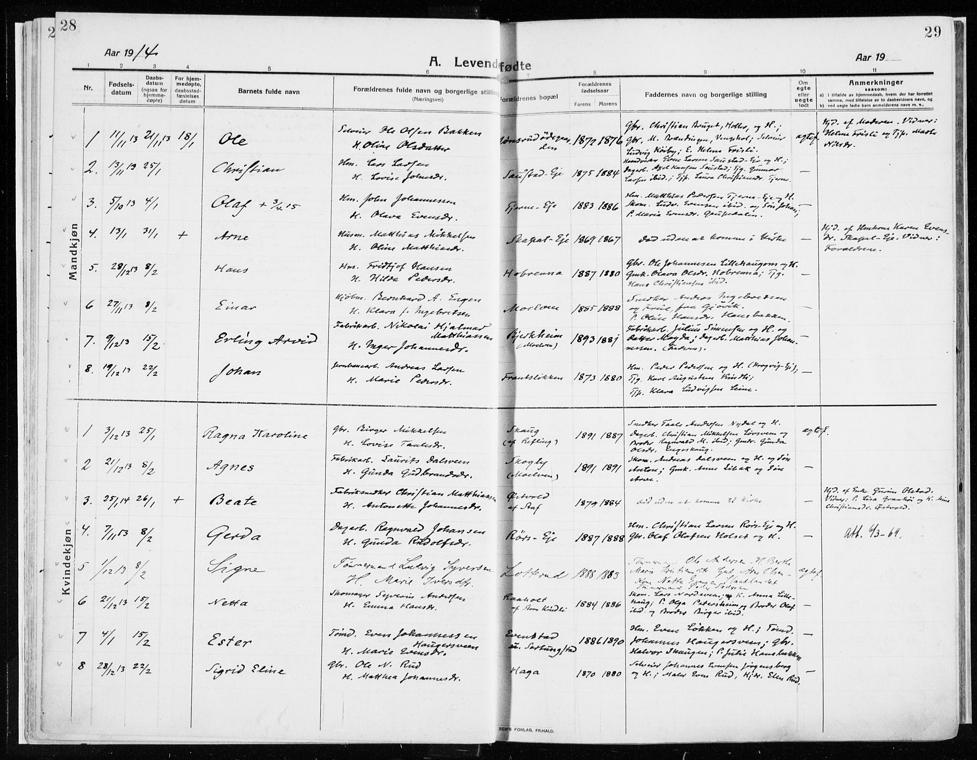 Ringsaker prestekontor, AV/SAH-PREST-014/K/Ka/L0020: Parish register (official) no. 20, 1913-1922, p. 28-29