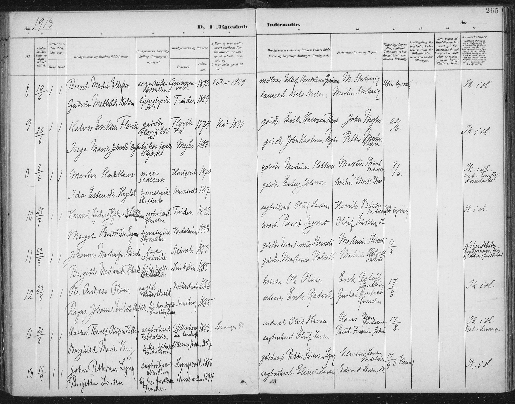 Ministerialprotokoller, klokkerbøker og fødselsregistre - Nord-Trøndelag, SAT/A-1458/723/L0246: Parish register (official) no. 723A15, 1900-1917, p. 265
