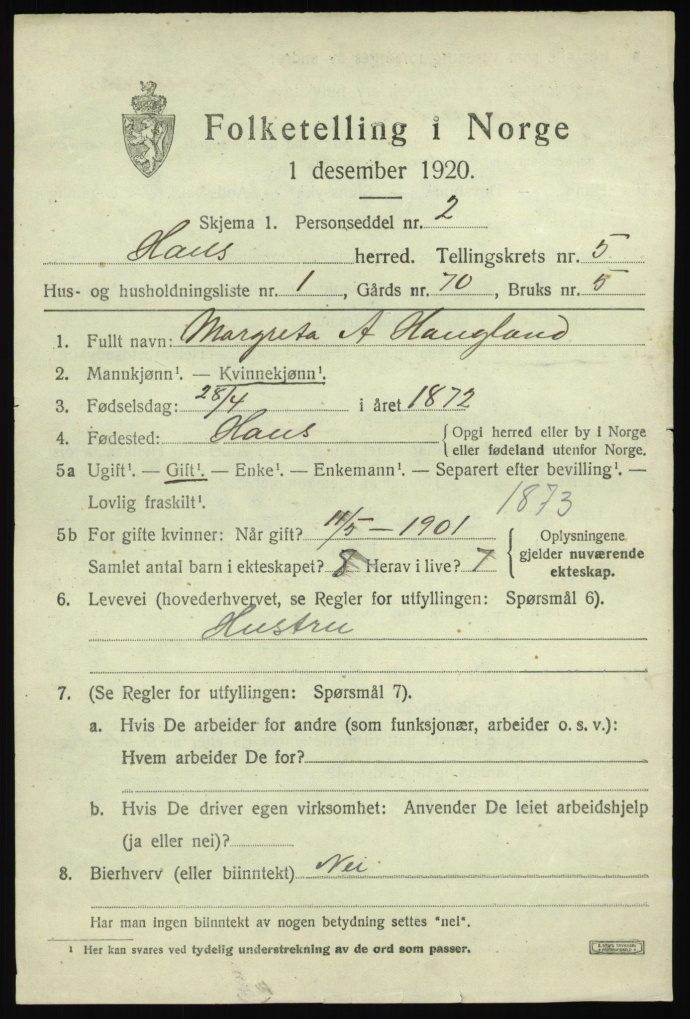 SAB, 1920 census for Haus, 1920, p. 3281