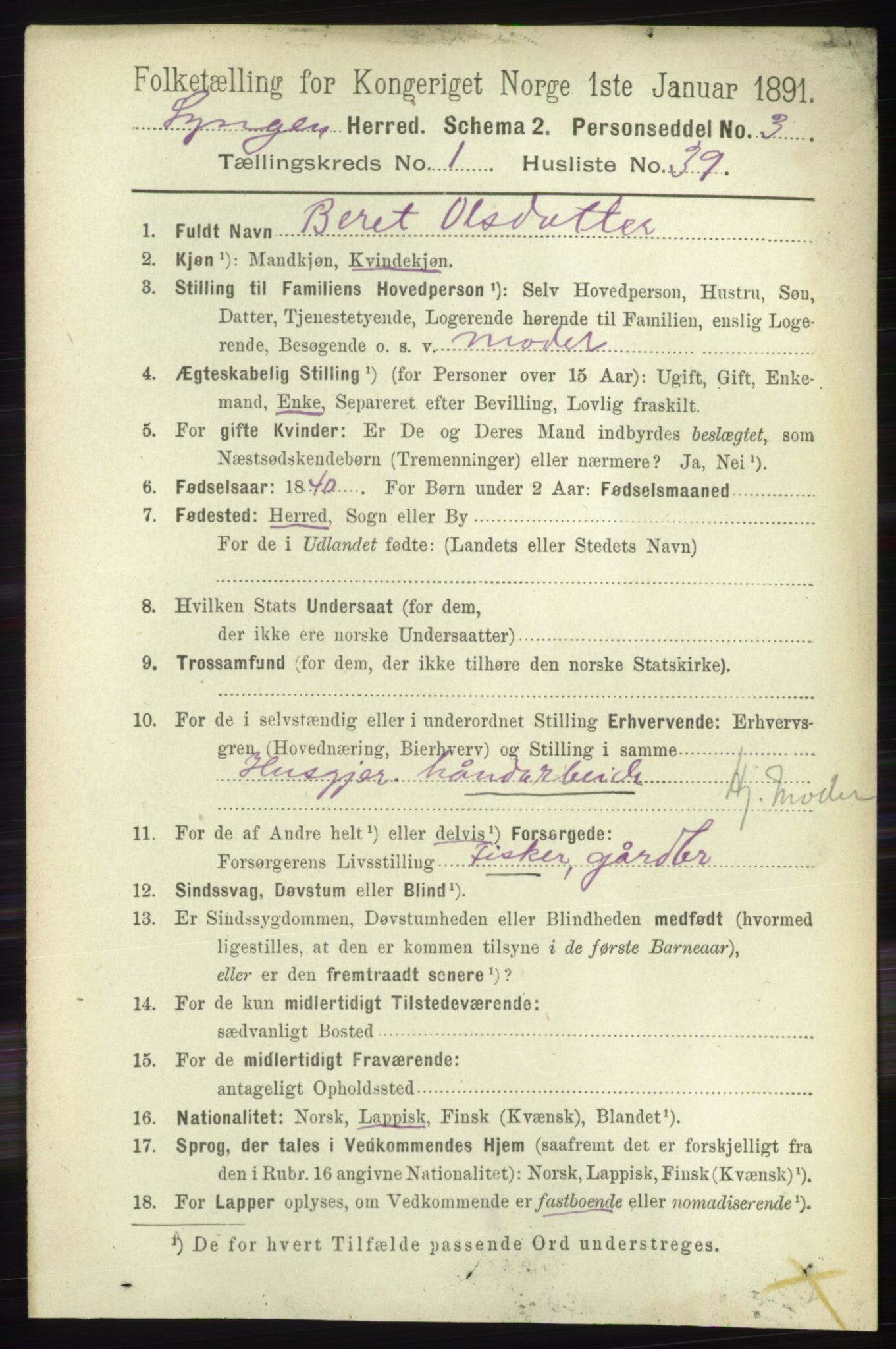 RA, 1891 census for 1938 Lyngen, 1891, p. 538