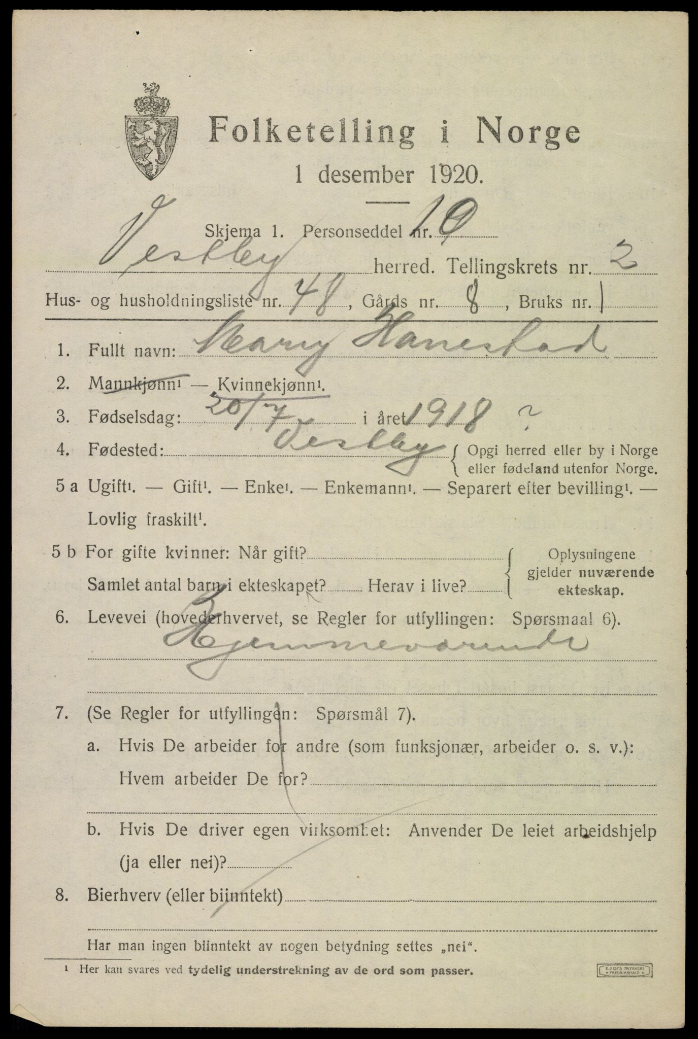 SAO, 1920 census for Vestby, 1920, p. 4133