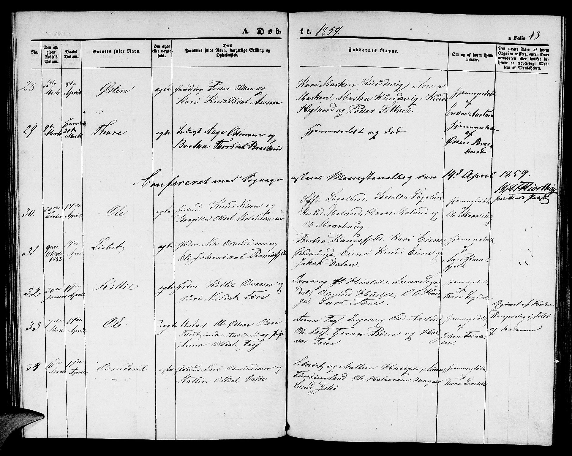 Hjelmeland sokneprestkontor, AV/SAST-A-101843/01/V/L0004: Parish register (copy) no. B 4, 1853-1883, p. 43