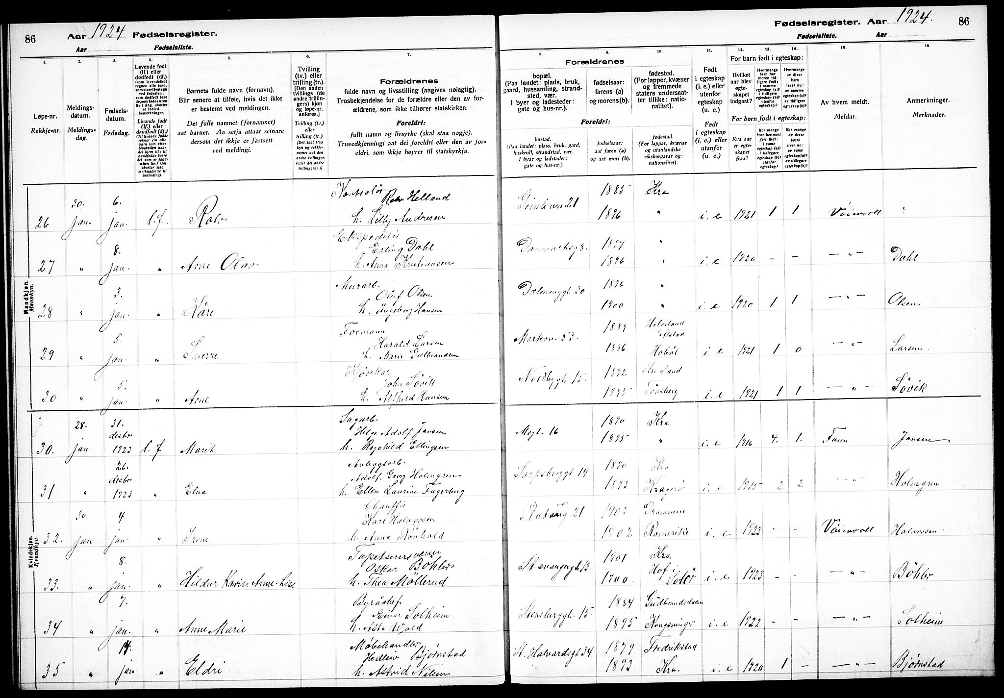 Sagene prestekontor Kirkebøker, AV/SAO-A-10796/J/L0003: Birth register no. 3, 1922-1925, p. 86