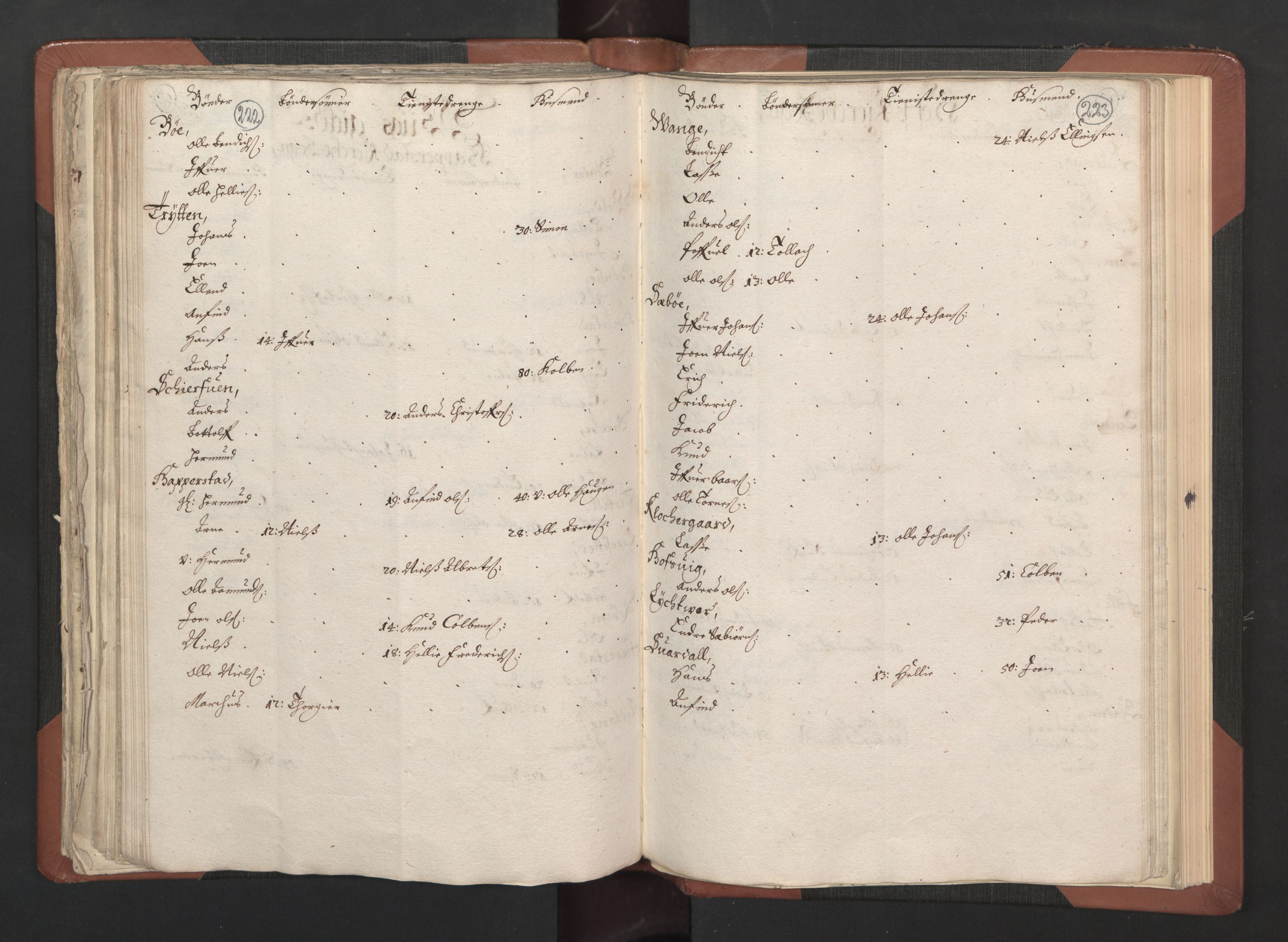 RA, Bailiff's Census 1664-1666, no. 14: Hardanger len, Ytre Sogn fogderi and Indre Sogn fogderi, 1664-1665, p. 222-223