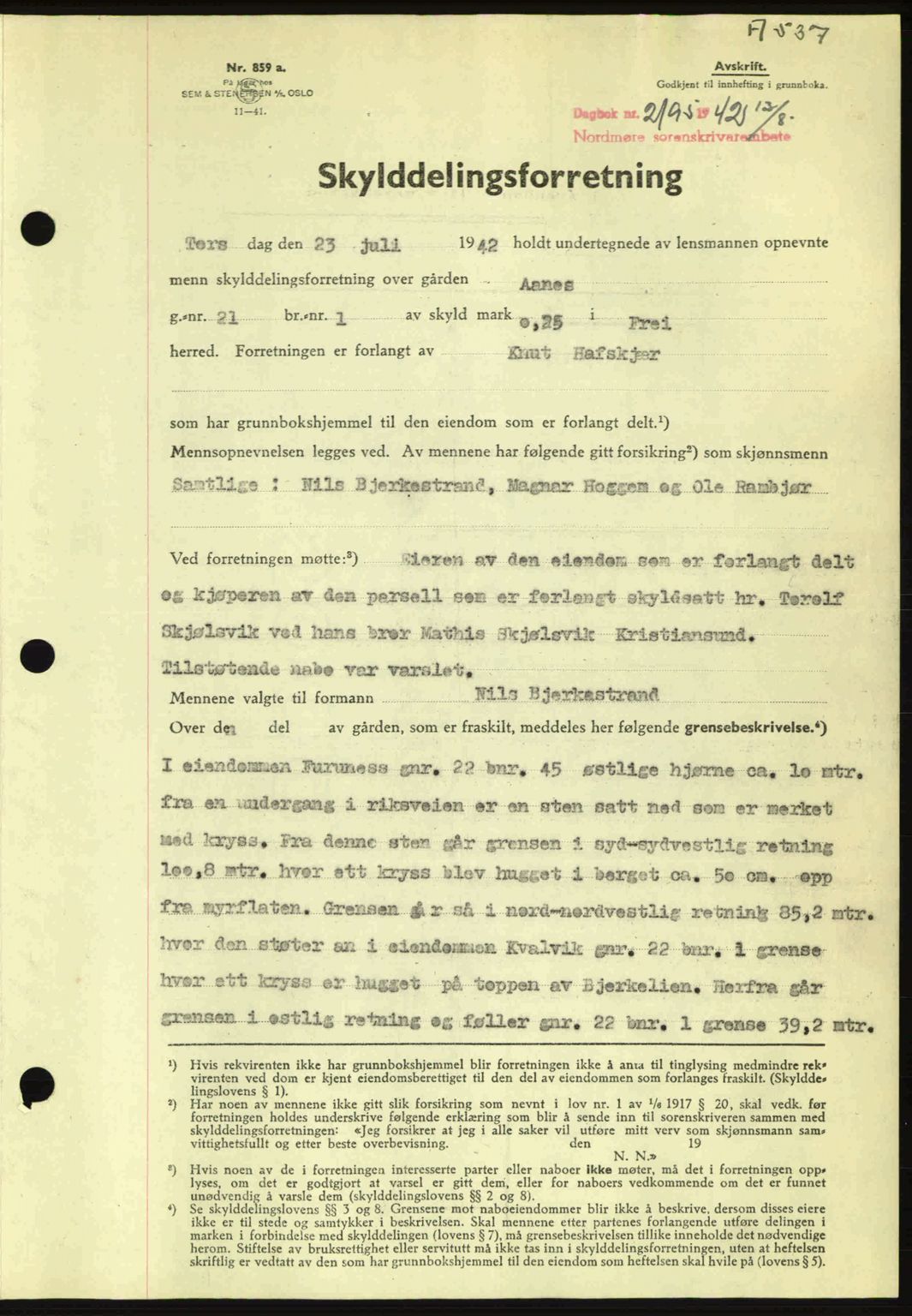 Nordmøre sorenskriveri, AV/SAT-A-4132/1/2/2Ca: Mortgage book no. A93, 1942-1942, Diary no: : 2195/1942