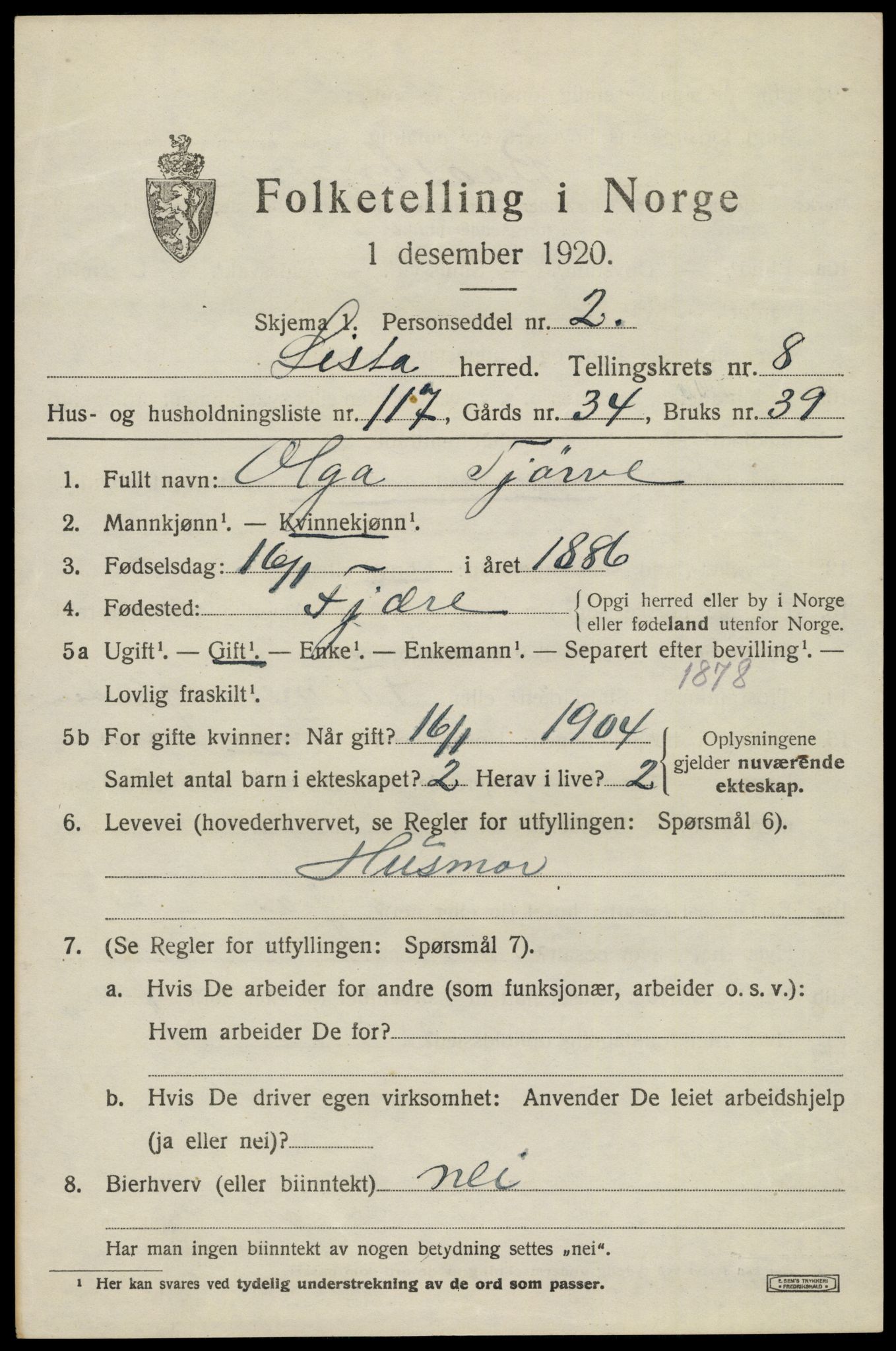 SAK, 1920 census for Lista, 1920, p. 8991