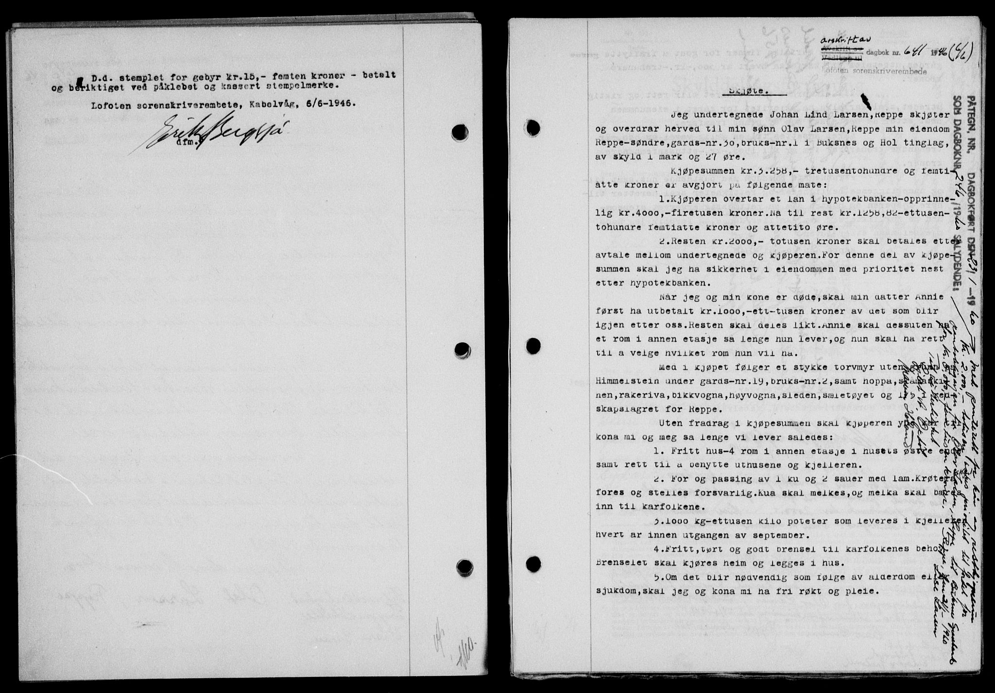 Lofoten sorenskriveri, SAT/A-0017/1/2/2C/L0014a: Mortgage book no. 14a, 1946-1946, Diary no: : 641/1946