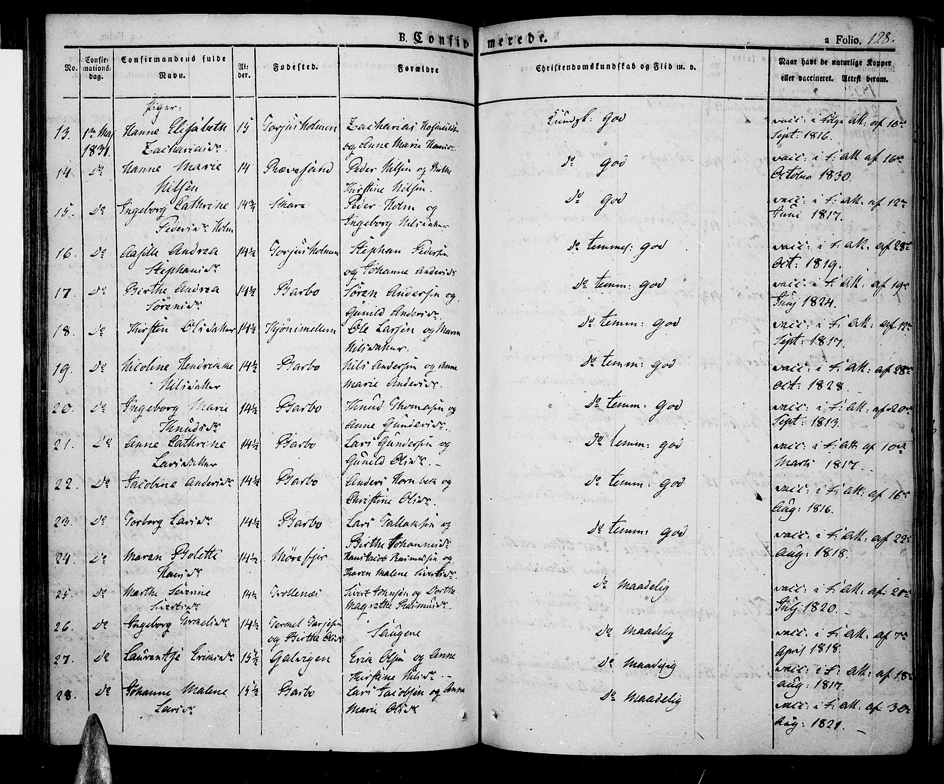 Tromøy sokneprestkontor, SAK/1111-0041/F/Fa/L0003: Parish register (official) no. A 3, 1825-1837, p. 128