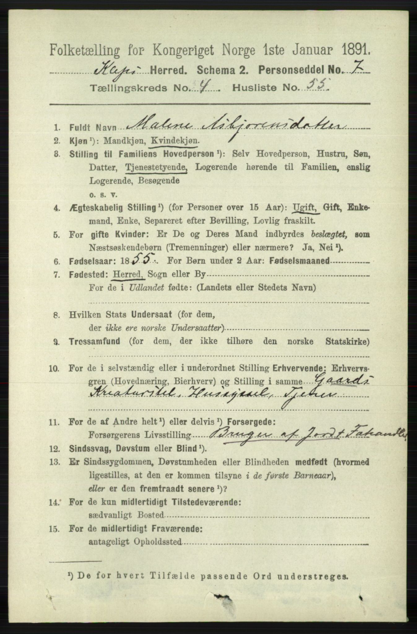 RA, 1891 census for 1120 Klepp, 1891, p. 1286