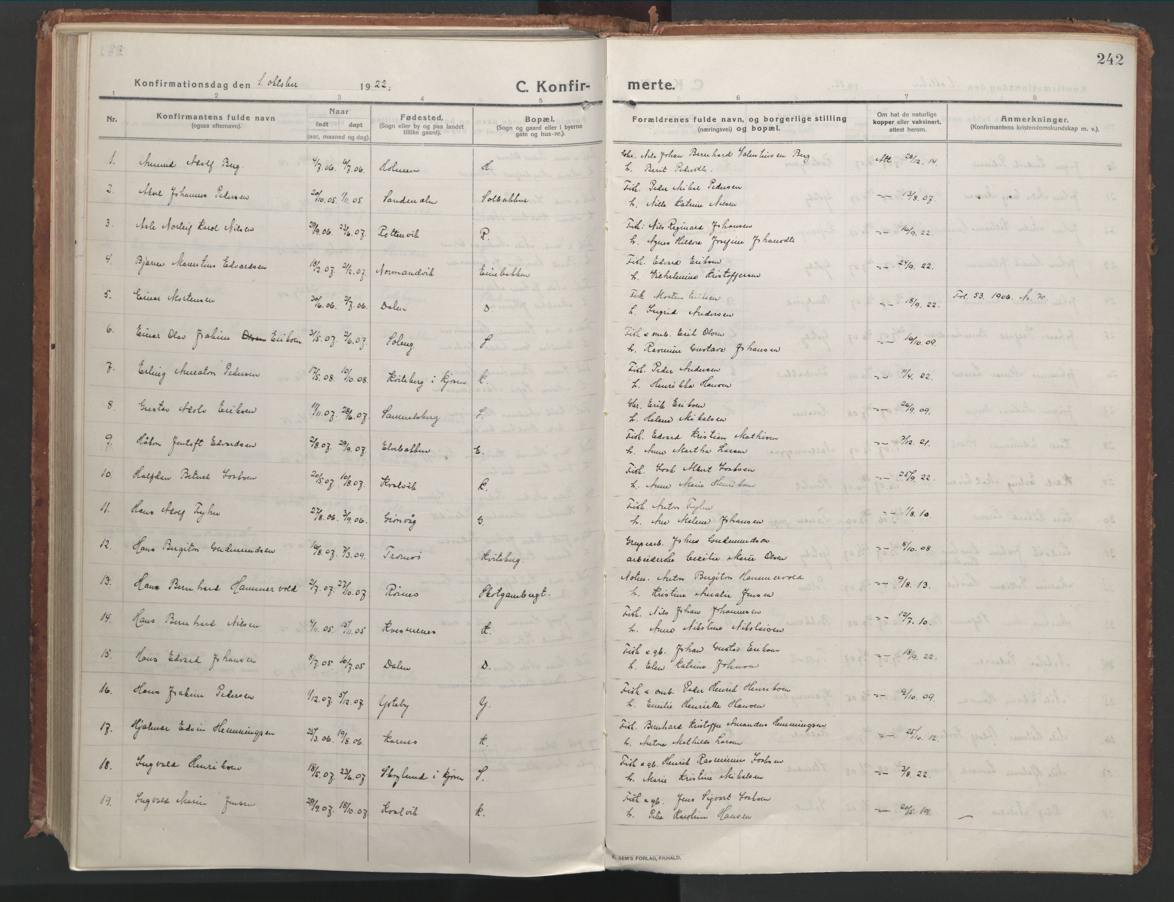 Lyngen sokneprestembete, AV/SATØ-S-1289/H/He/Hea/L0012kirke: Parish register (official) no. 12, 1914-1923, p. 242