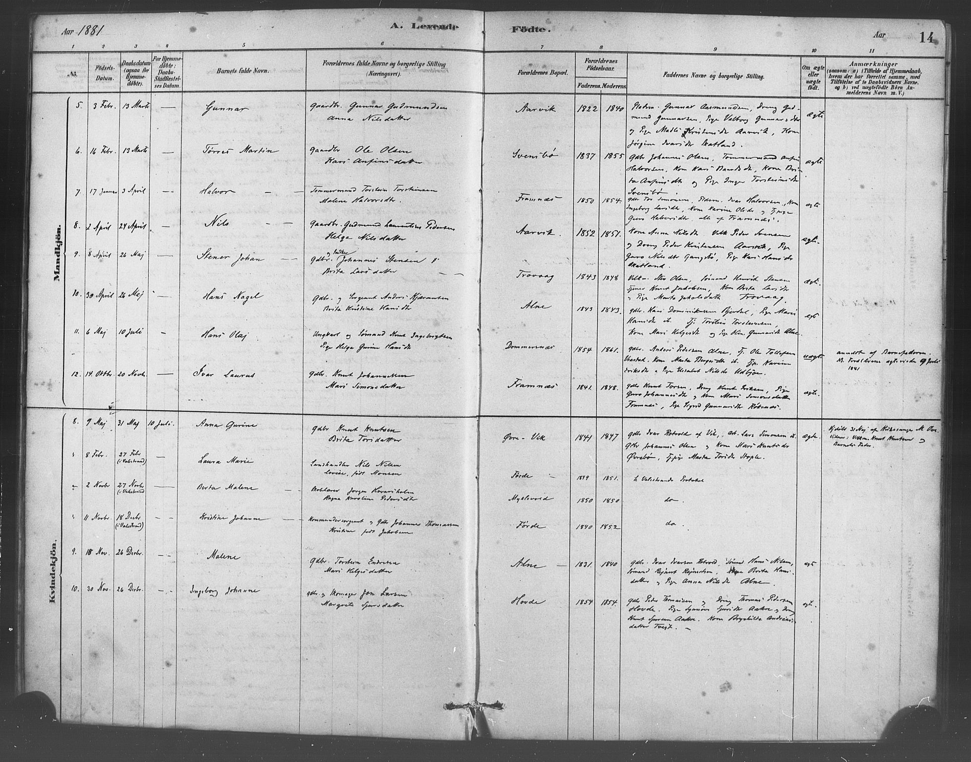 Sveio Sokneprestembete, SAB/A-78501/H/Haa: Parish register (official) no. D 1, 1878-1894, p. 14
