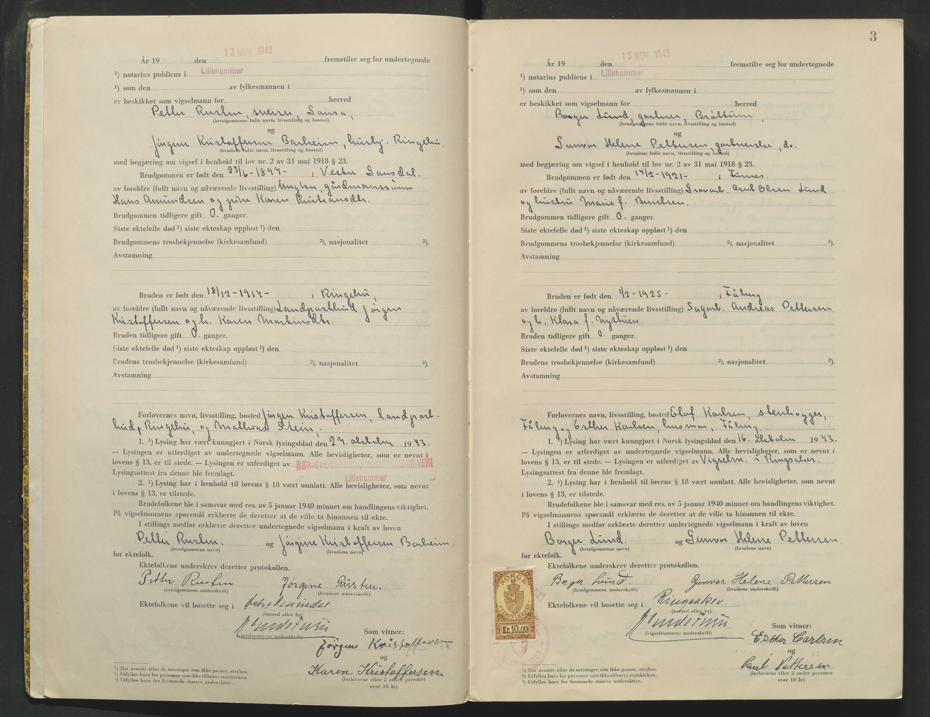 Sør-Gudbrandsdal tingrett, AV/SAH-TING-004/L/Lc/L0004: Vigselsprotokoll, 1943-1944, p. 3