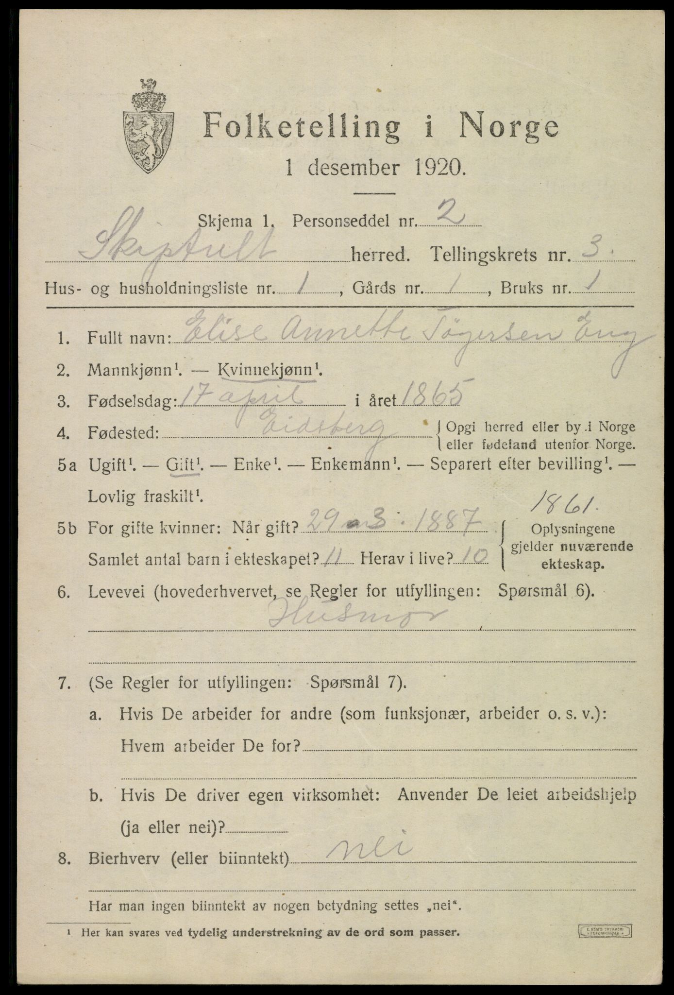 SAO, 1920 census for Skiptvet, 1920, p. 2911