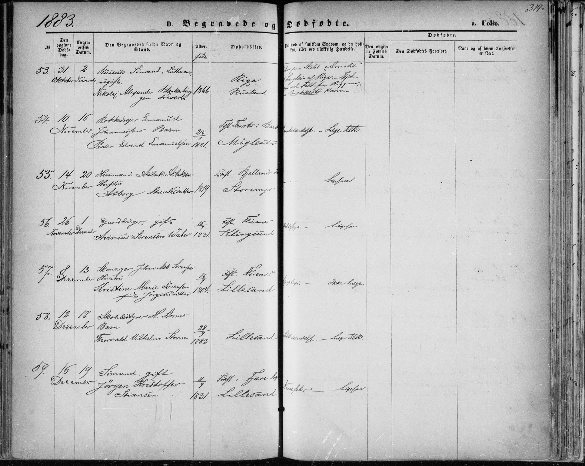 Vestre Moland sokneprestkontor, AV/SAK-1111-0046/F/Fa/Fab/L0008: Parish register (official) no. A 8, 1873-1883, p. 319