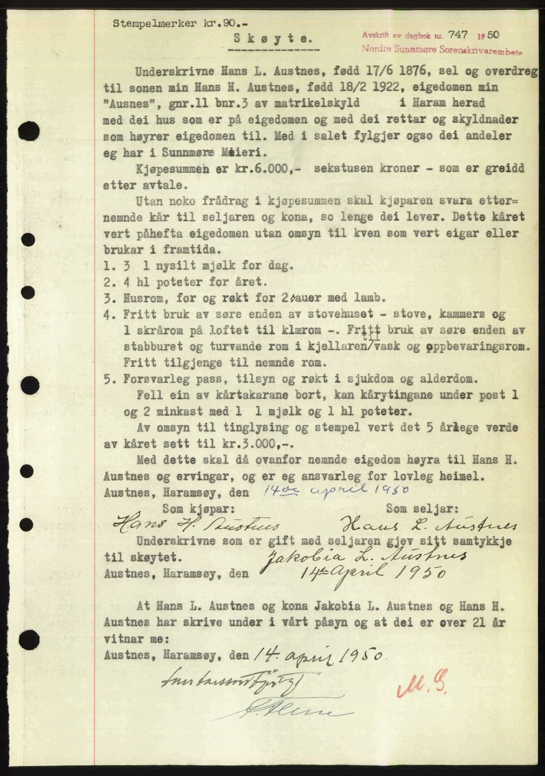 Nordre Sunnmøre sorenskriveri, AV/SAT-A-0006/1/2/2C/2Ca: Mortgage book no. A34, 1950-1950, Diary no: : 747/1950