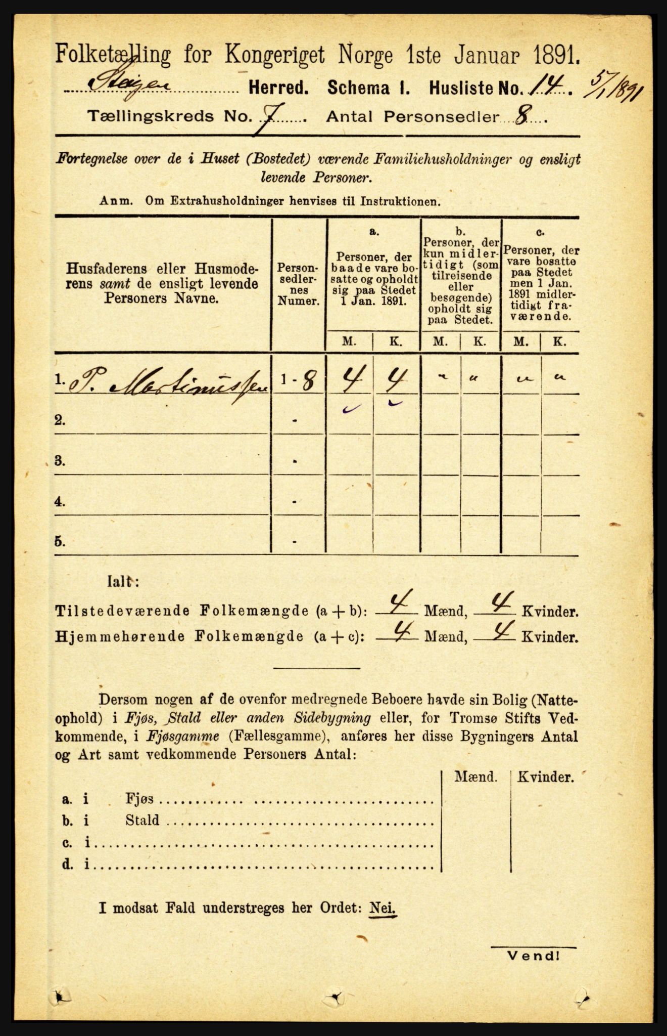 RA, 1891 census for 1848 Steigen, 1891, p. 2233