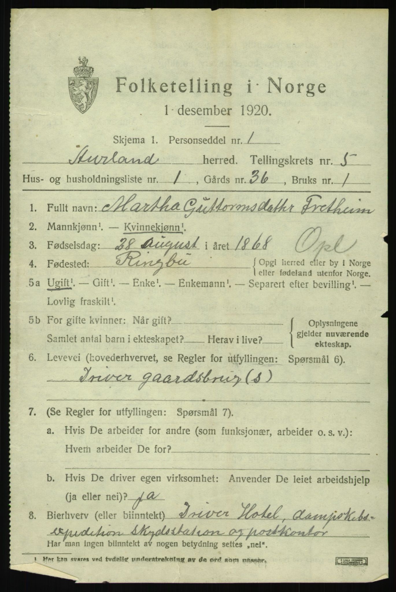 SAB, 1920 census for Aurland, 1920, p. 3040