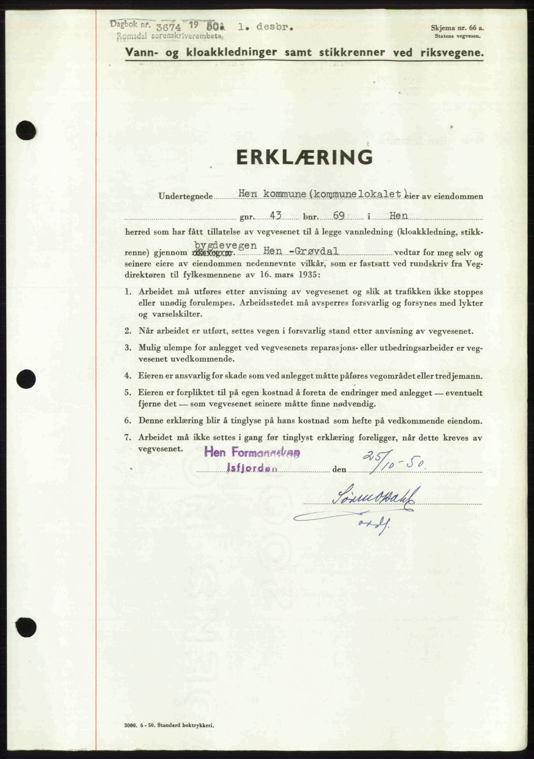 Romsdal sorenskriveri, AV/SAT-A-4149/1/2/2C: Mortgage book no. A34, 1950-1950, Diary no: : 3674/1950