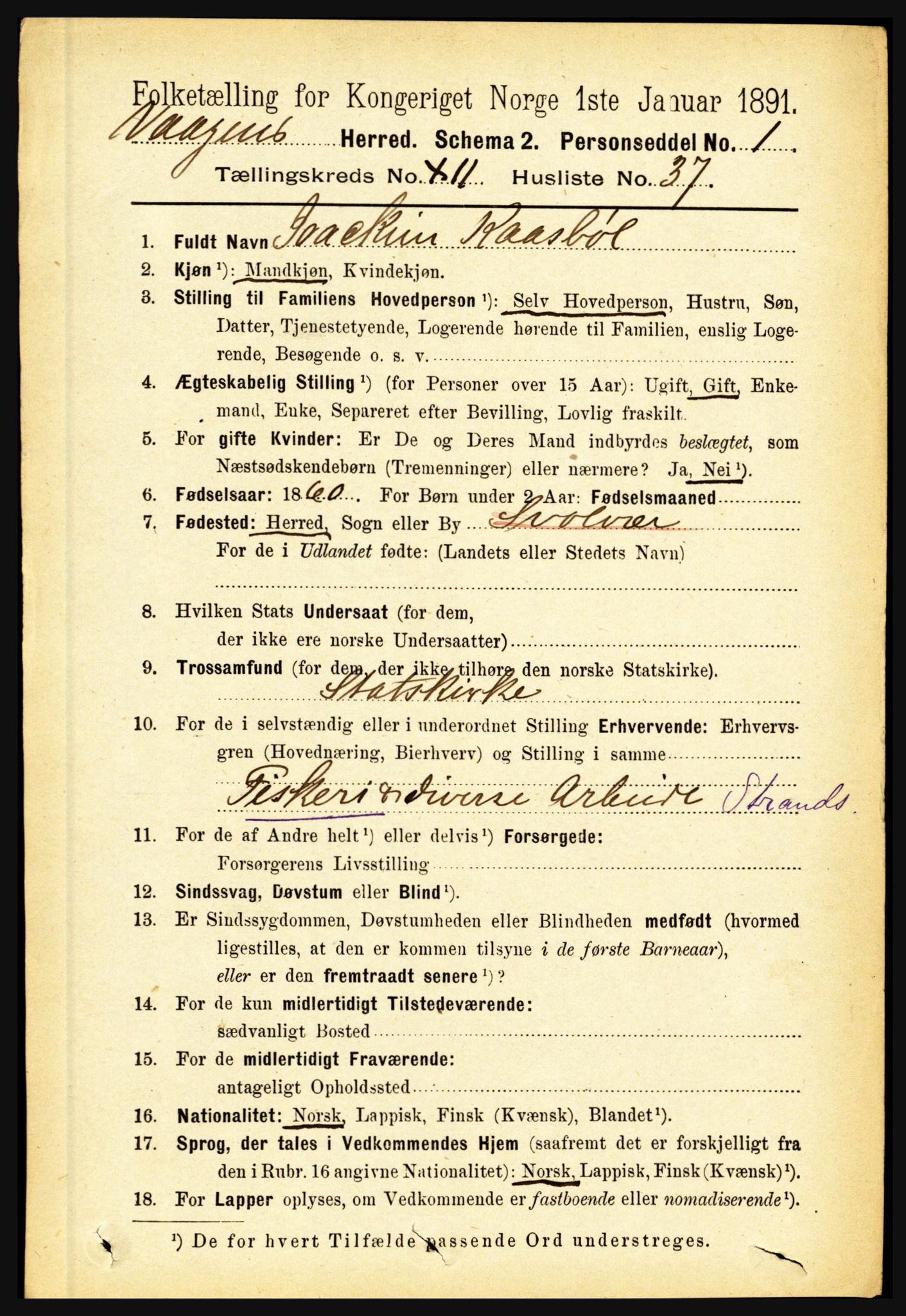 RA, 1891 census for 1865 Vågan, 1891, p. 3113