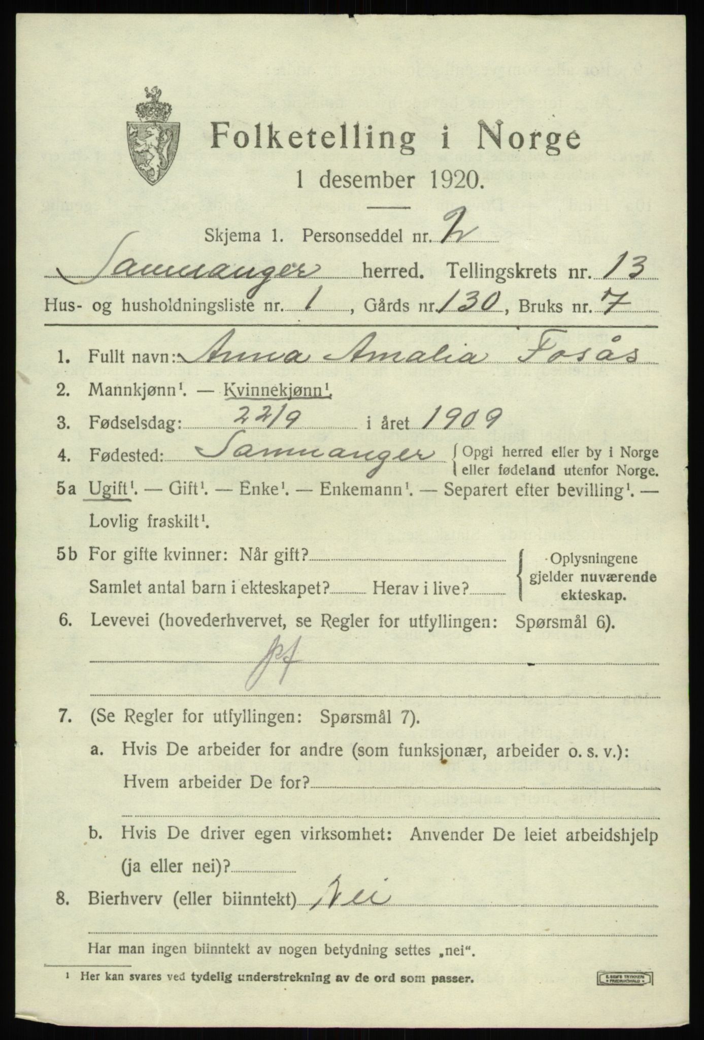 SAB, 1920 census for Samnanger, 1920, p. 5103