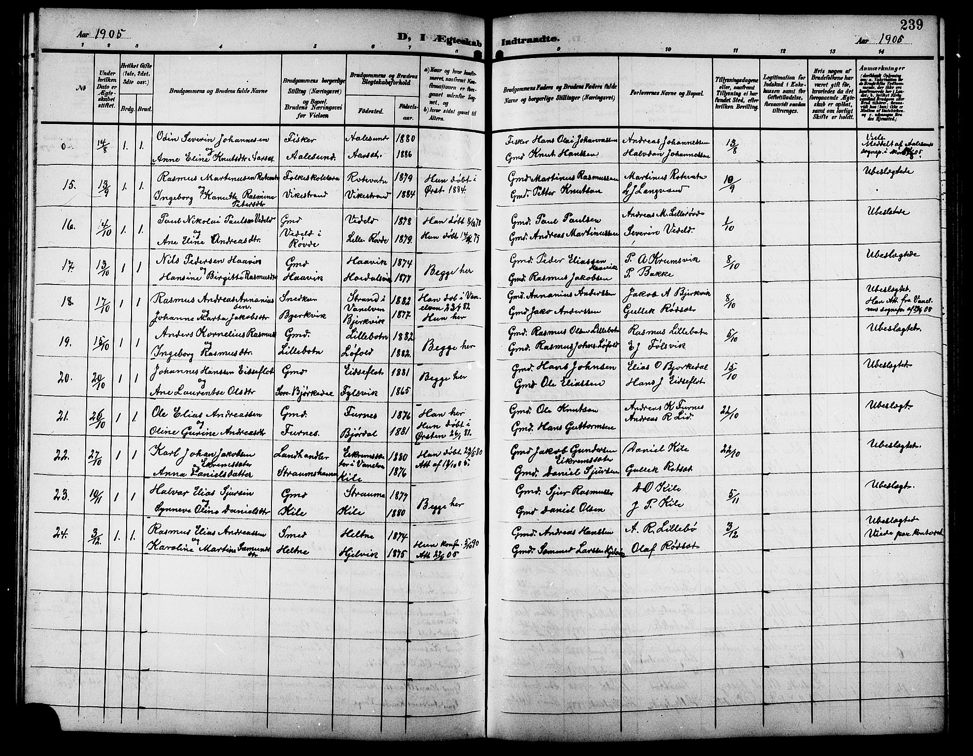Ministerialprotokoller, klokkerbøker og fødselsregistre - Møre og Romsdal, SAT/A-1454/511/L0159: Parish register (copy) no. 511C05, 1902-1920, p. 239