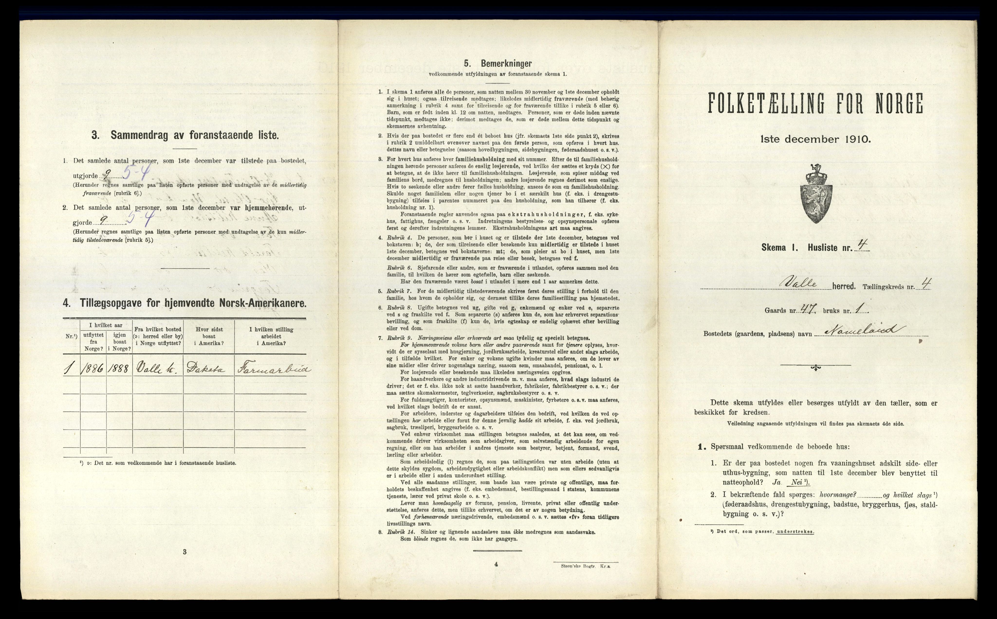 RA, 1910 census for Valle, 1910, p. 327