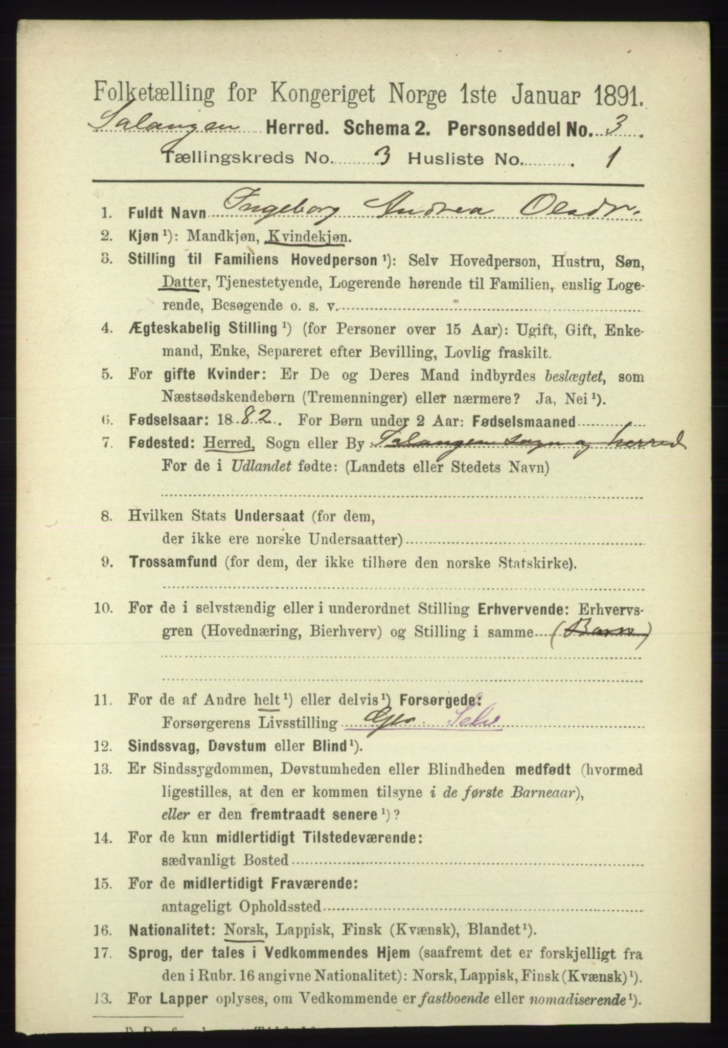 RA, 1891 census for 1921 Salangen, 1891, p. 1231