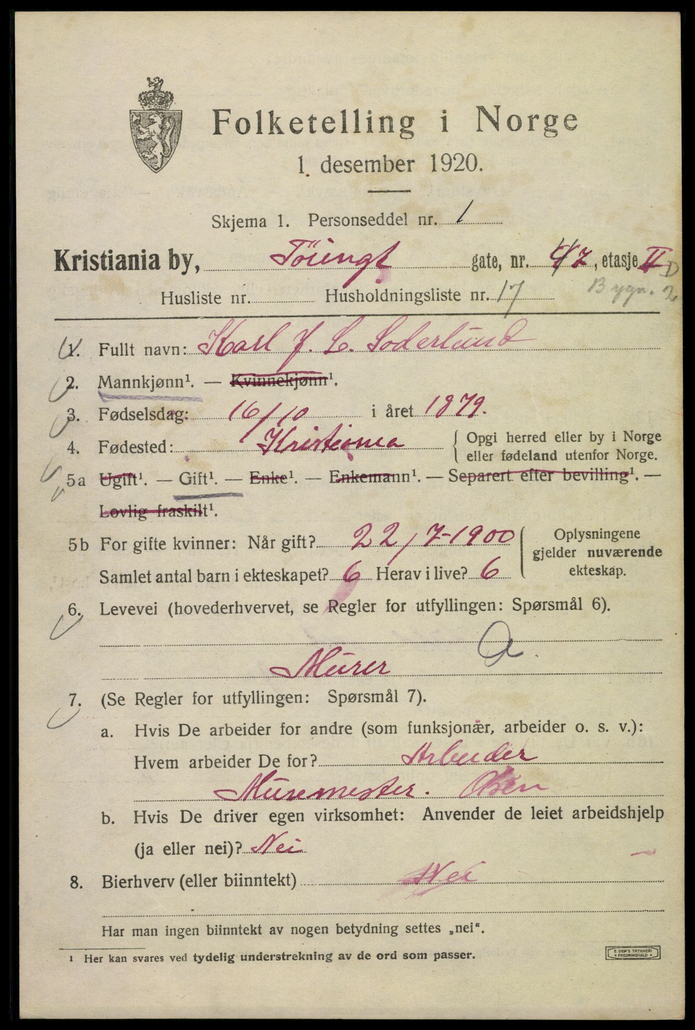 SAO, 1920 census for Kristiania, 1920, p. 609861