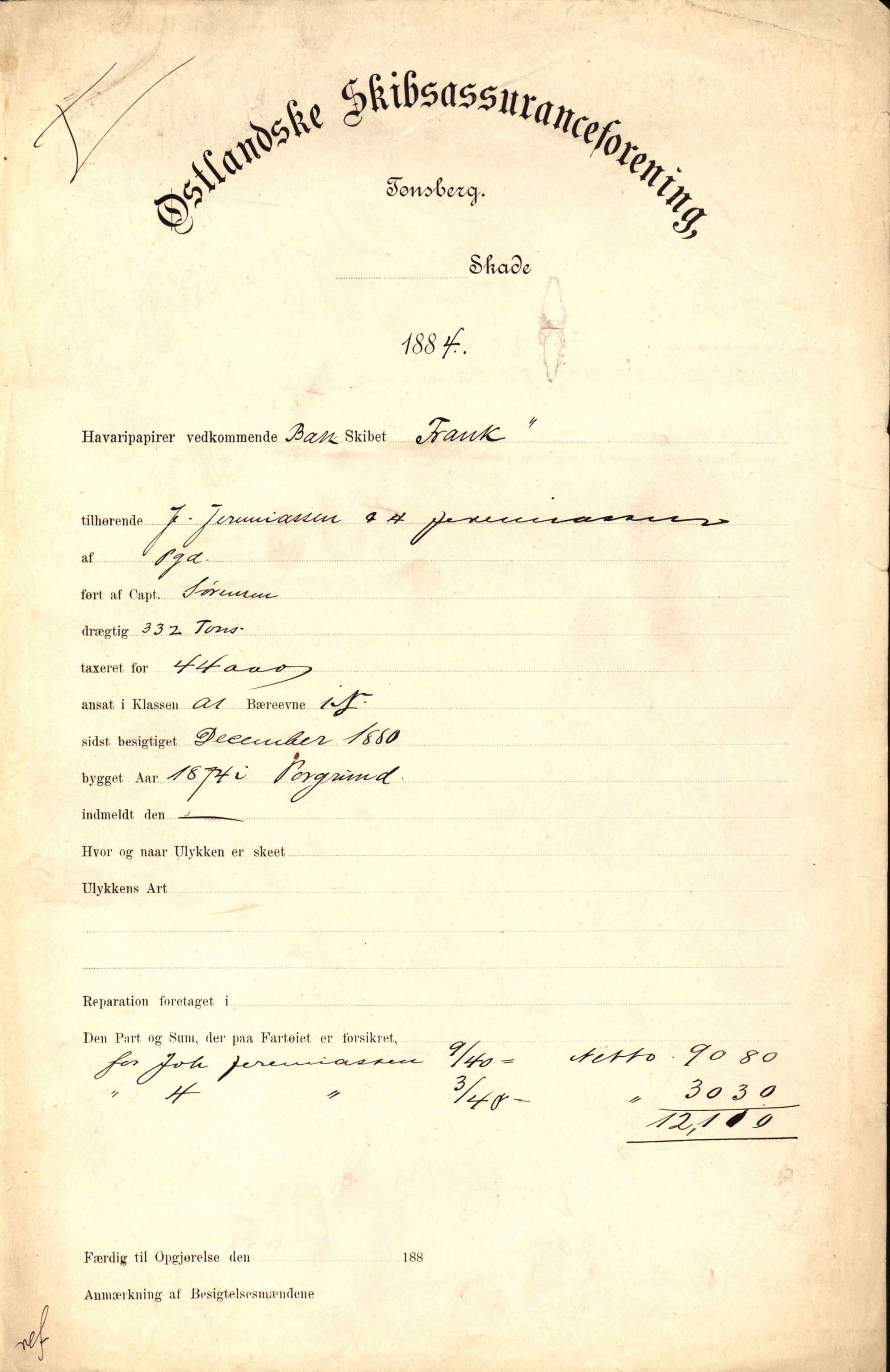 Pa 63 - Østlandske skibsassuranceforening, VEMU/A-1079/G/Ga/L0017/0002: Havaridokumenter / St. Lawrence, Frank, Souvenir, Sokrates, Augwald, 1884, p. 2