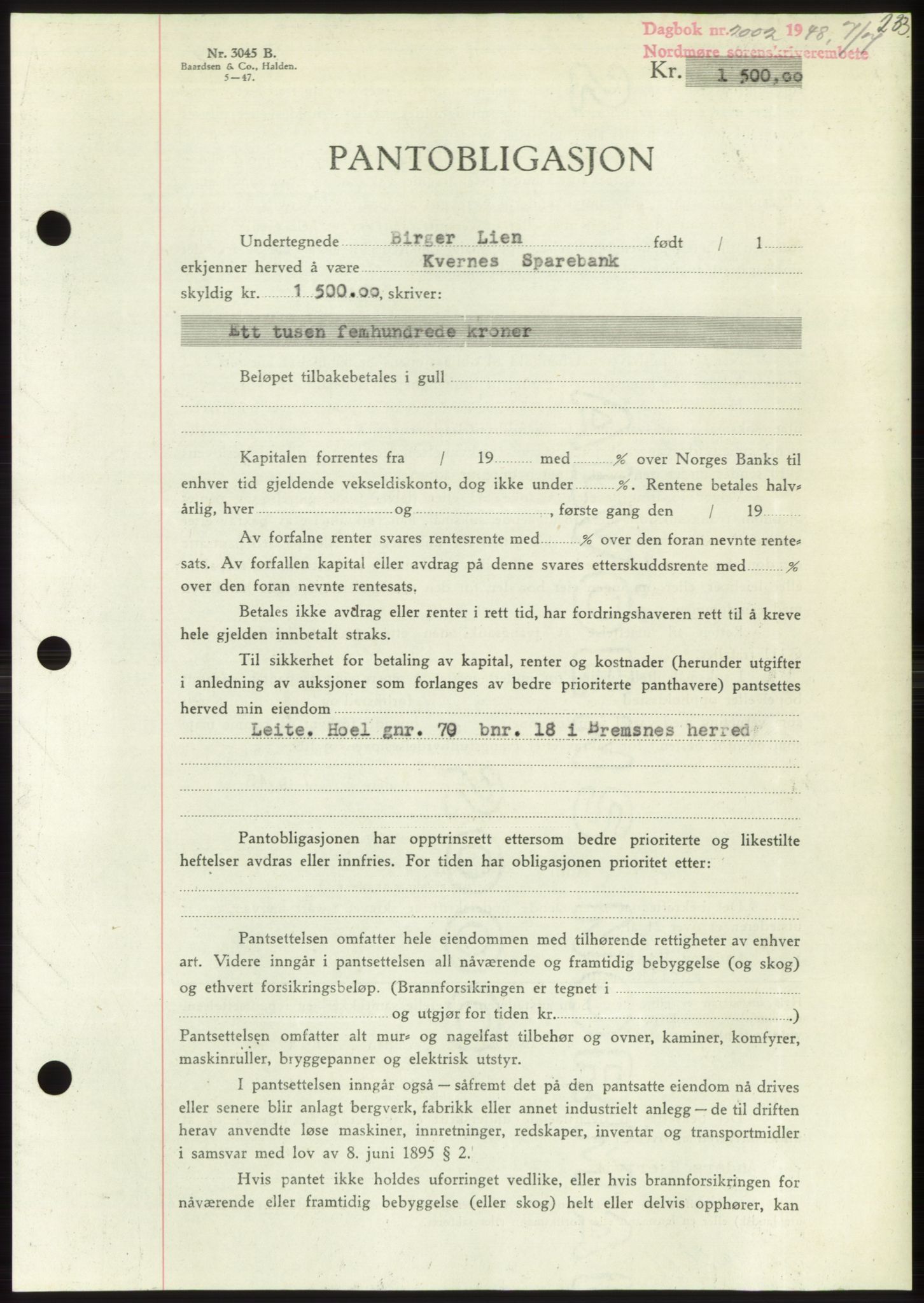 Nordmøre sorenskriveri, AV/SAT-A-4132/1/2/2Ca: Mortgage book no. B99, 1948-1948, Diary no: : 2002/1948