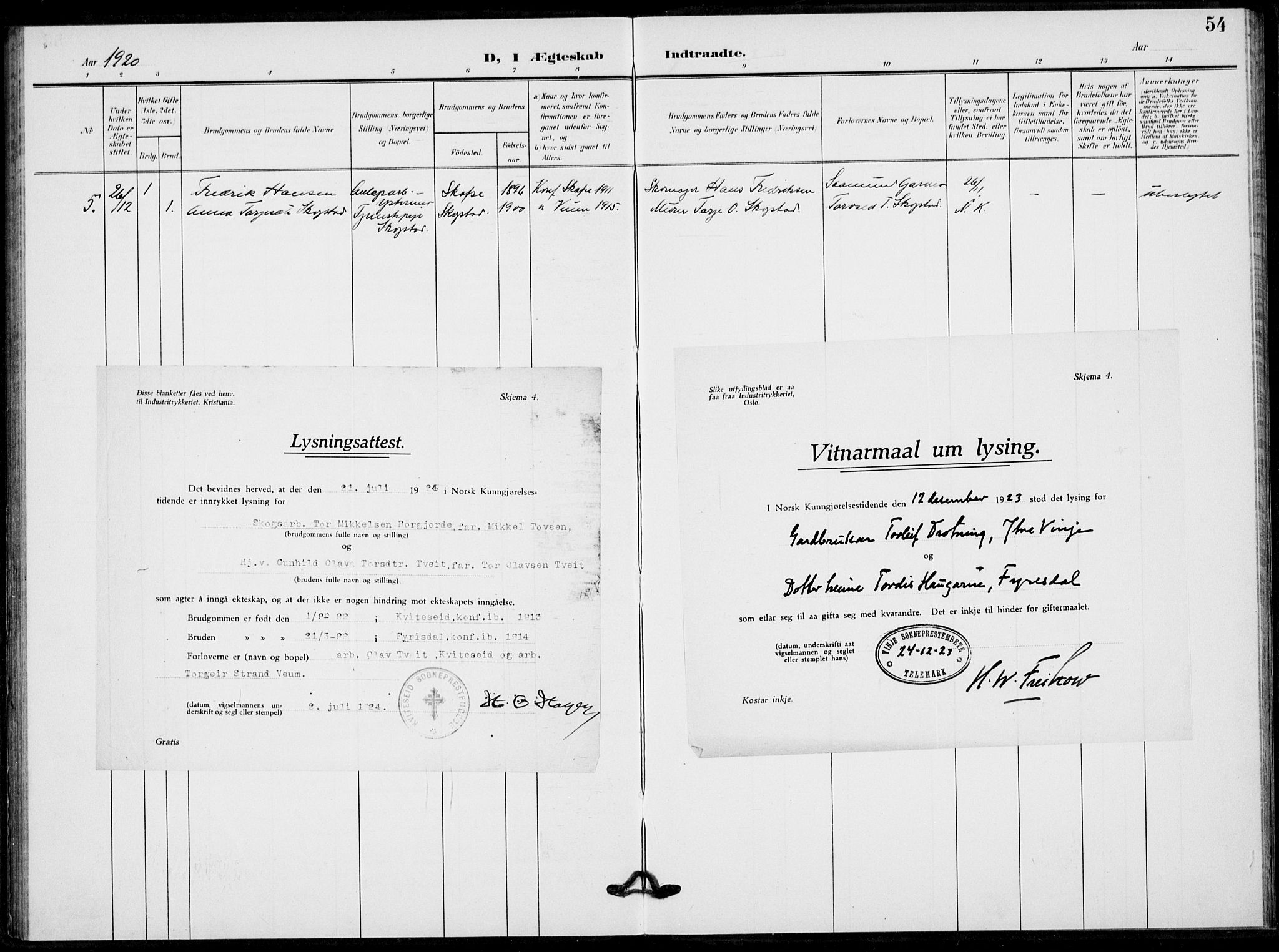 Fyresdal kirkebøker, AV/SAKO-A-263/F/Fb/L0004: Parish register (official) no. II 4, 1903-1920, p. 54
