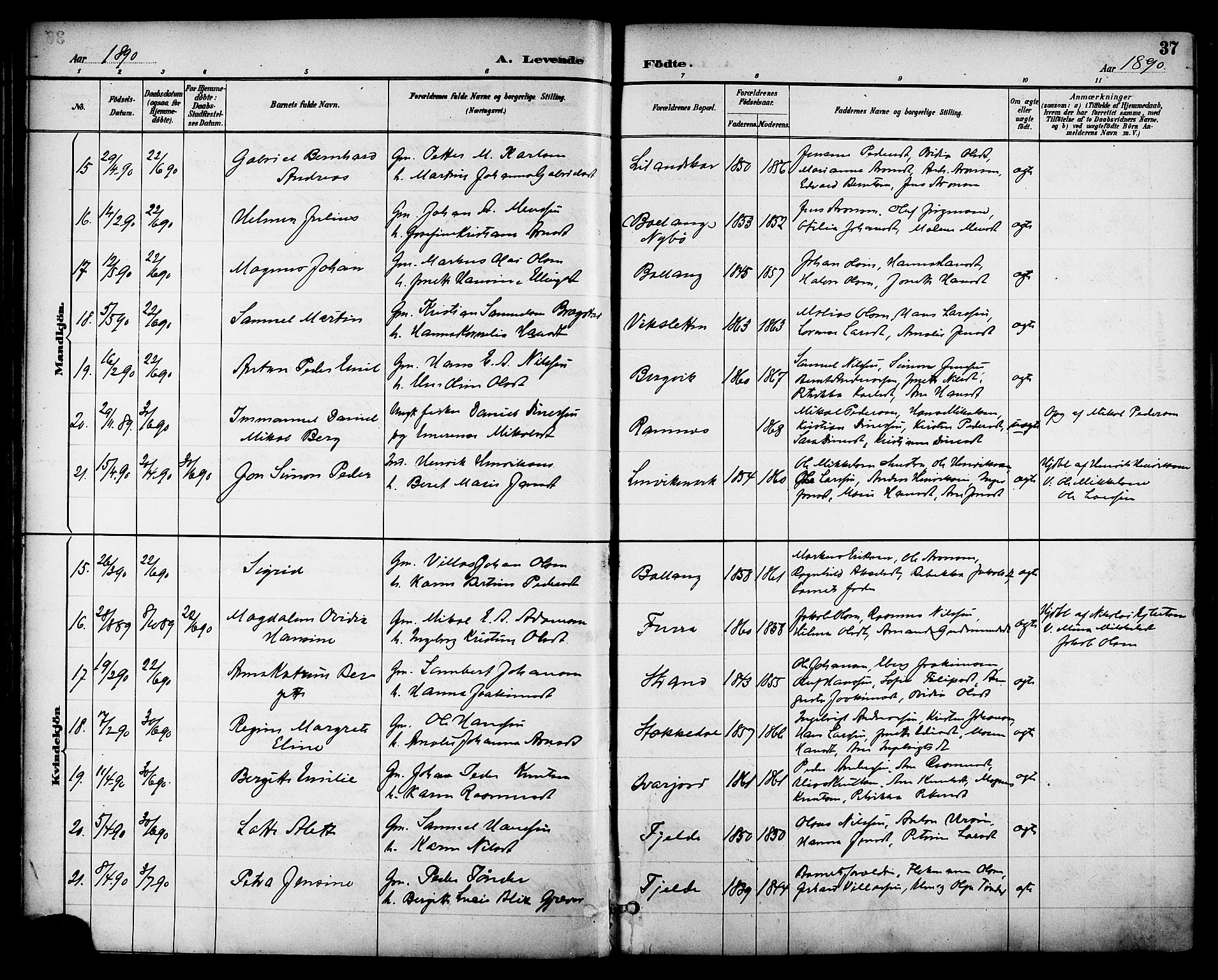 Ministerialprotokoller, klokkerbøker og fødselsregistre - Nordland, AV/SAT-A-1459/863/L0898: Parish register (official) no. 863A10, 1886-1897, p. 37