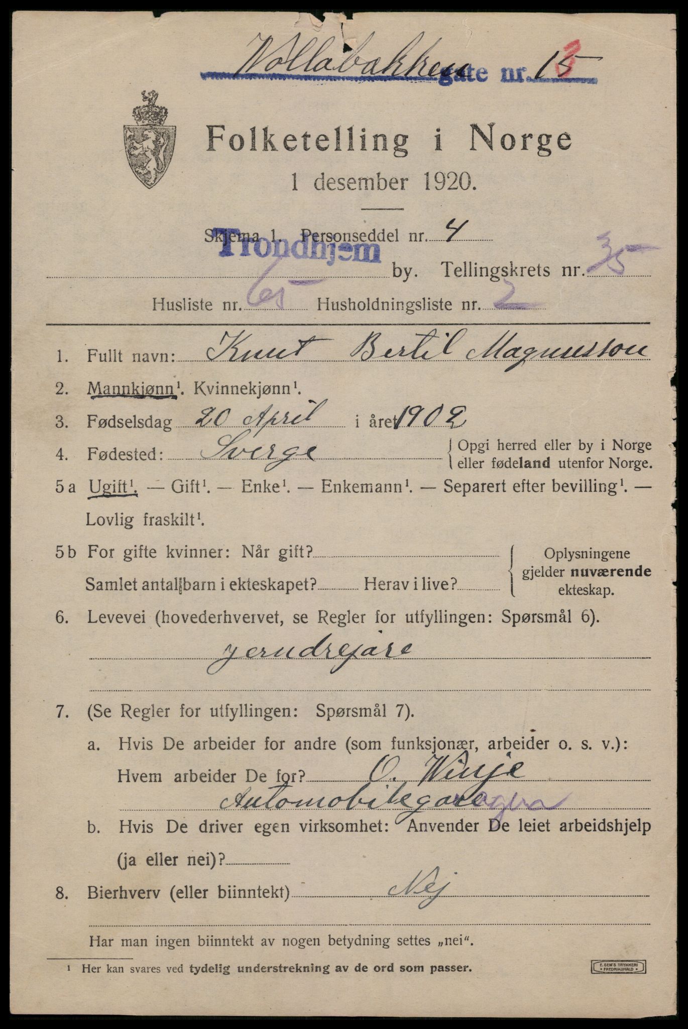 SAT, 1920 census for Trondheim, 1920, p. 82854