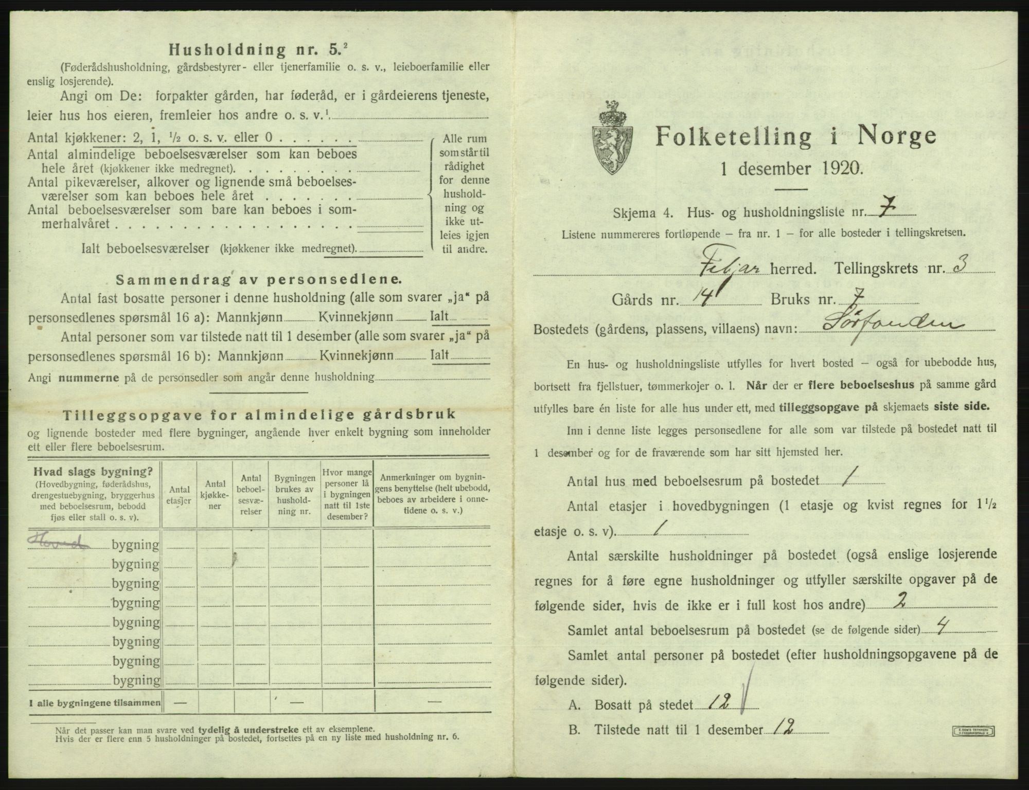 SAB, 1920 census for Fitjar, 1920, p. 254