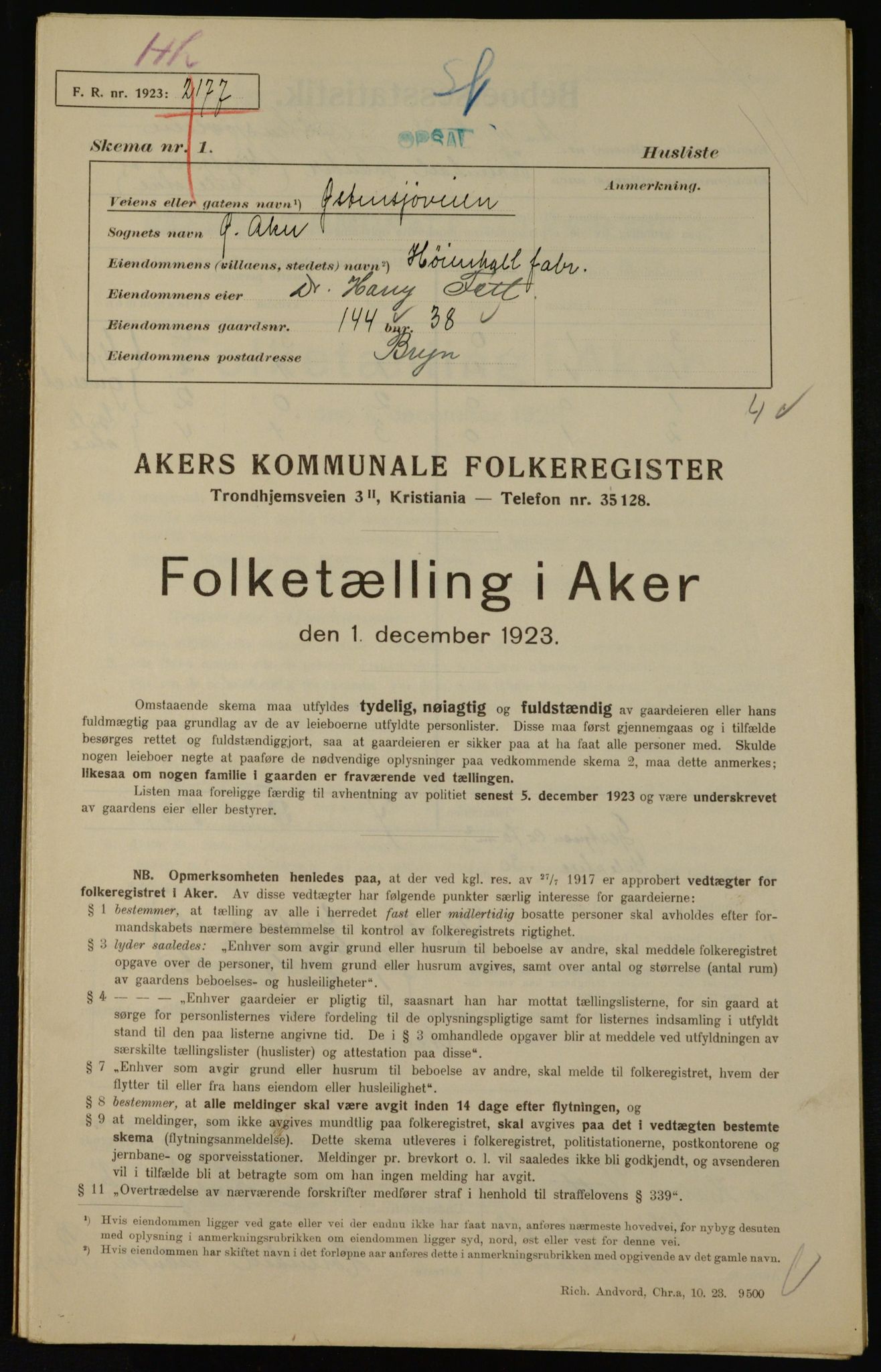 , Municipal Census 1923 for Aker, 1923, p. 36377