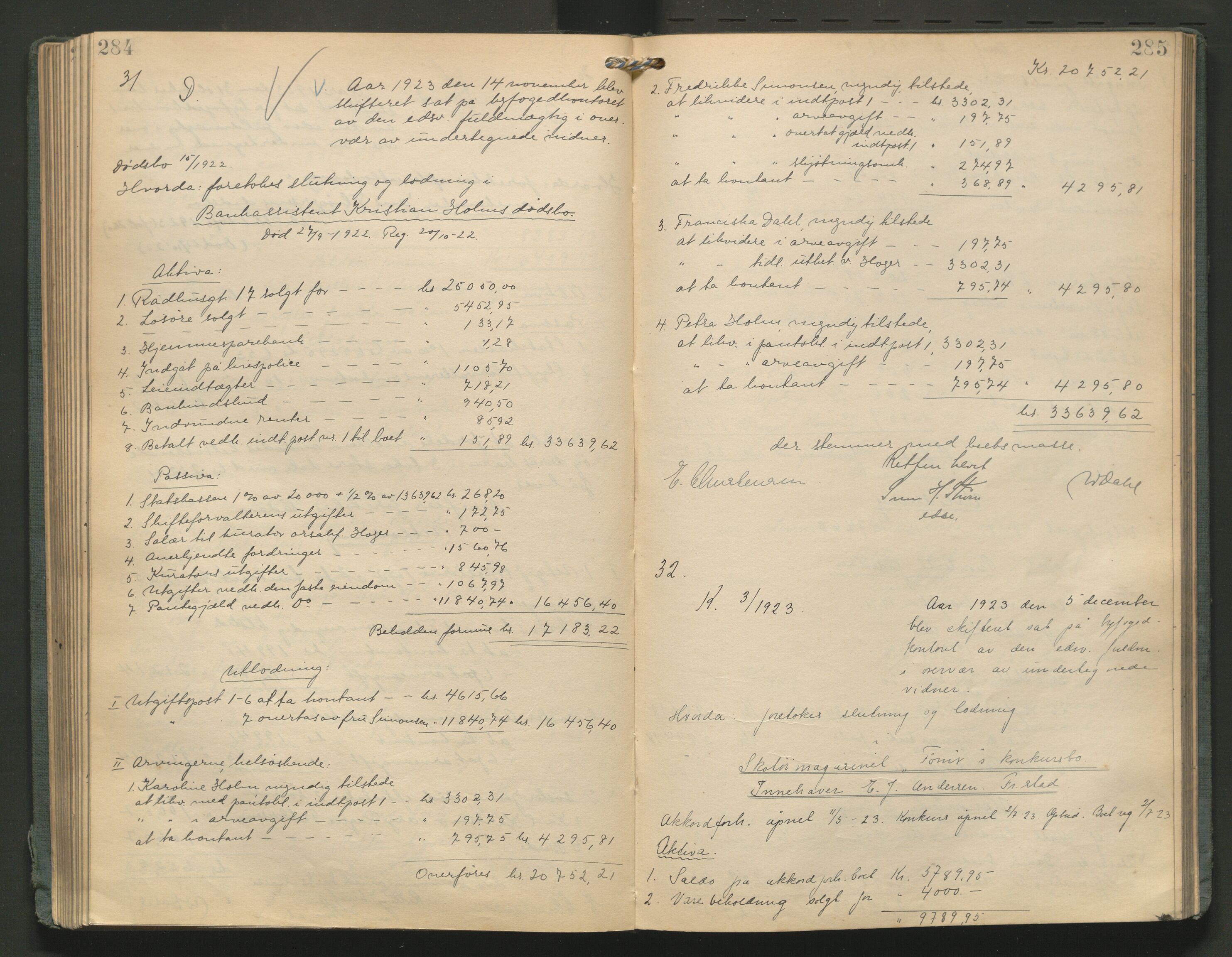 Fredrikstad byfogd, AV/SAO-A-10473a/H/He/L0005: Skifteutlodningsprotokoll, 1917-1927, p. 284-285