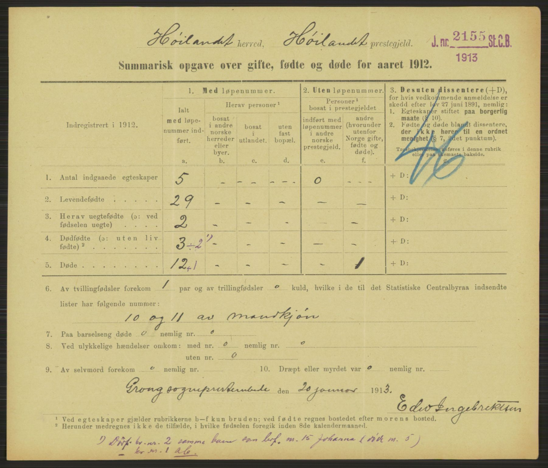 Statistisk sentralbyrå, Sosiodemografiske emner, Befolkning, AV/RA-S-2228/D/Df/Dfb/Dfbb/L0052: Summariske oppgaver over gifte, fødte og døde for hele landet., 1912, p. 1331