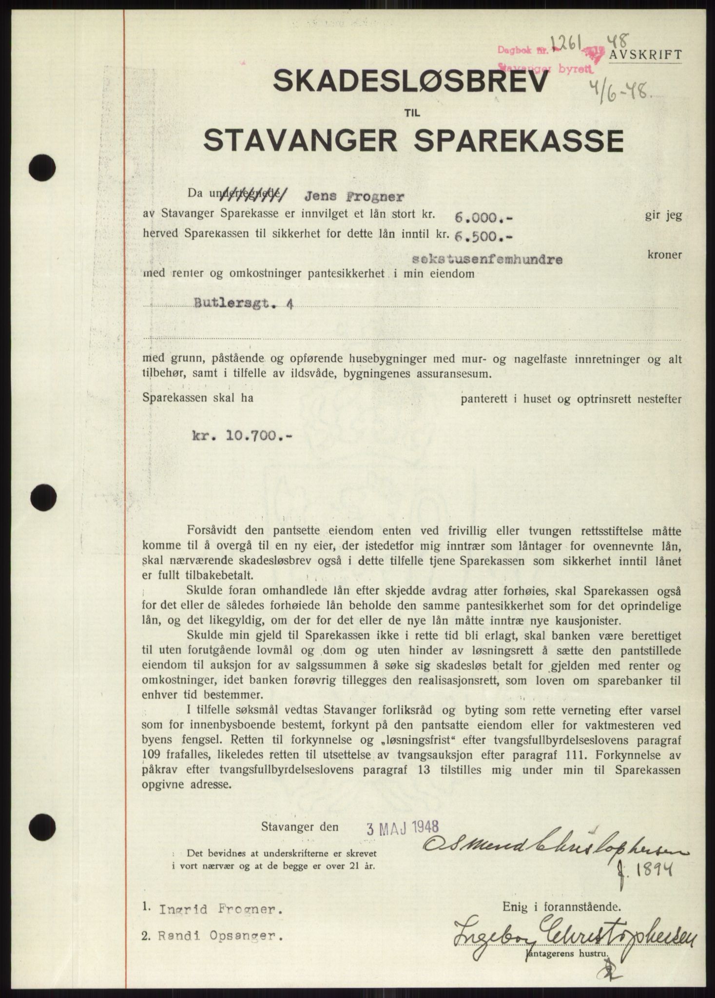 Stavanger byrett, SAST/A-100455/002/G/Gb/L0032: Mortgage book, 1947-1950, Diary no: : 1261/1948
