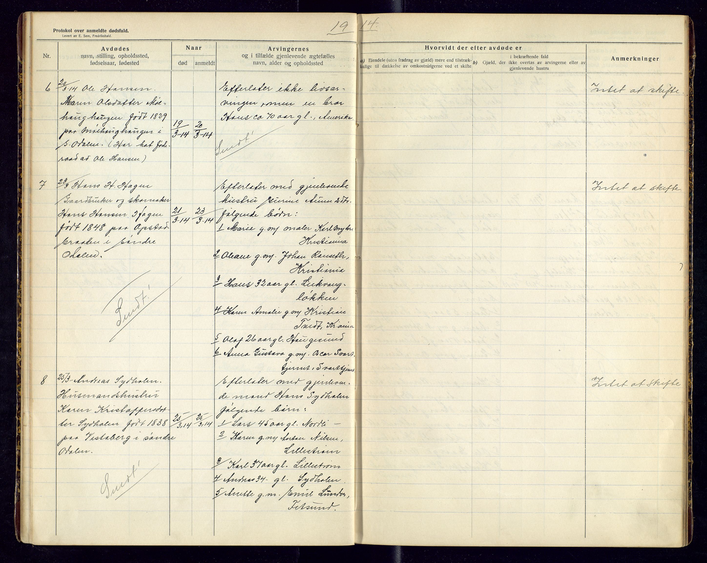 Sør-Odal lensmannskontor, SAH/LHS-022/H/Hb/L0002/0001: Protokoller over anmeldte dødsfall / Protokoll over anmeldte dødsfall, 1913-1915