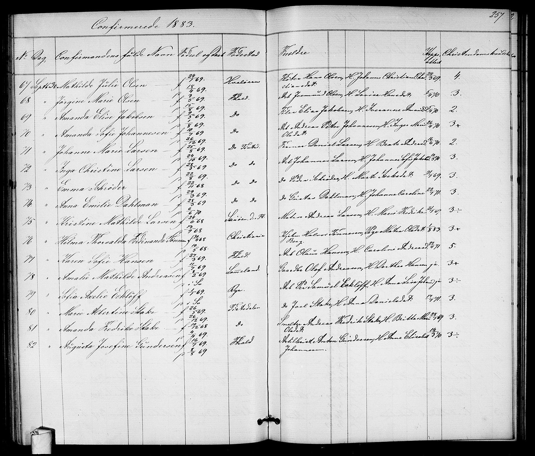 Halden prestekontor Kirkebøker, SAO/A-10909/G/Ga/L0007: Parish register (copy) no. 7, 1869-1884, p. 257